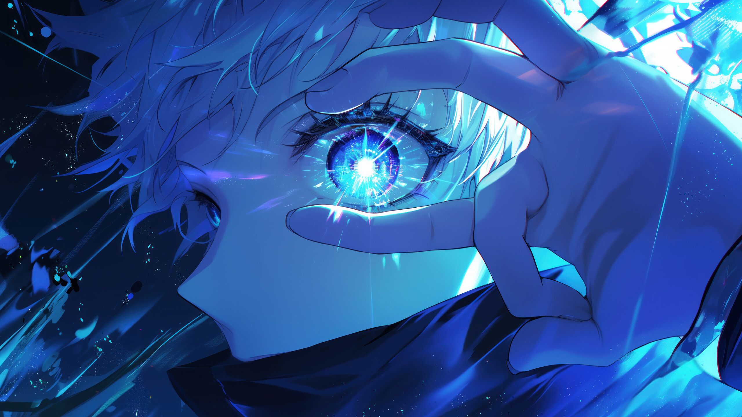 2560x1440 Gojo Satoru Glowing Eyes Wallpaper