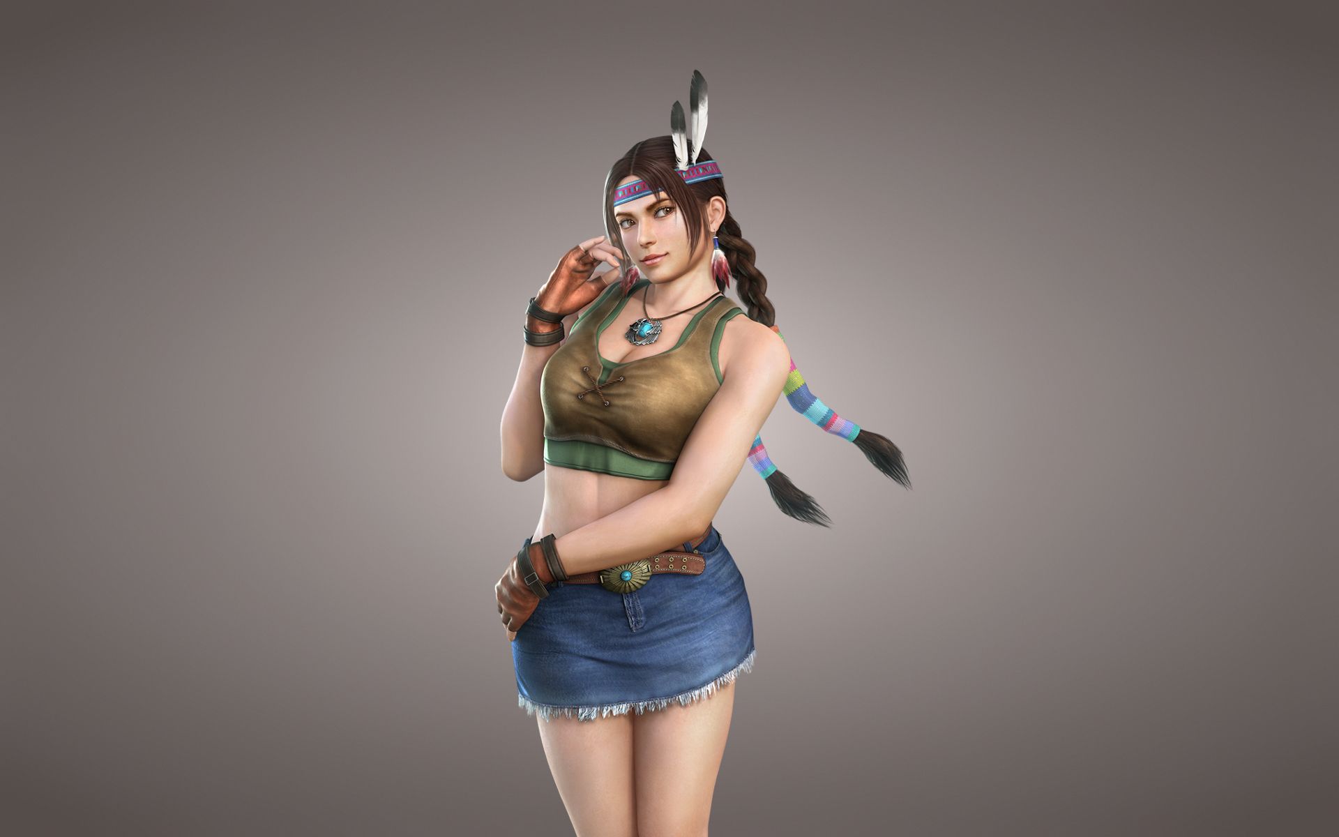 1920x1200 Wallpaper Indian, feathers, tekken, light background, girl, Indian, braids, Julia Chang for mobile and desktop, section рендеринг, resolution 1920x1200