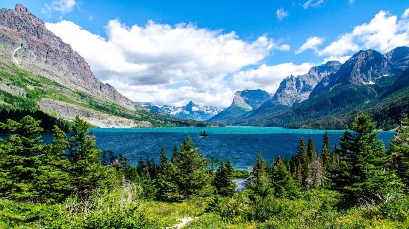 1366x768 mountain, Trees, Water, Landscape Wallpaper HD / Desktop and Mobile Background