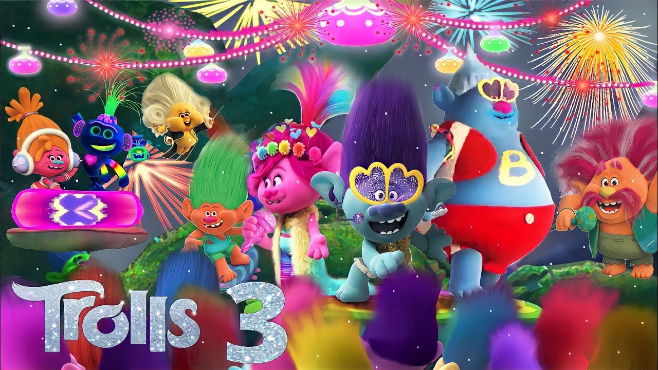 1280x720 TROLLS 3 BAND TOGETHER editing scene. Poppy and all other Trolls have set up a huge party