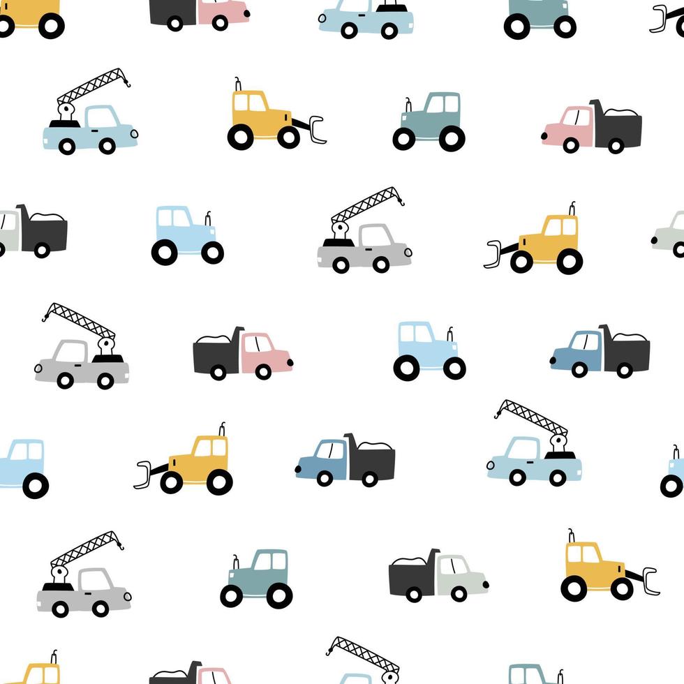980x980 Set of hand drawn construction vehicles baby seamless pattern vector with tractor and truck on white background Cute design, cartoon style. used for print, decorative wallpaper