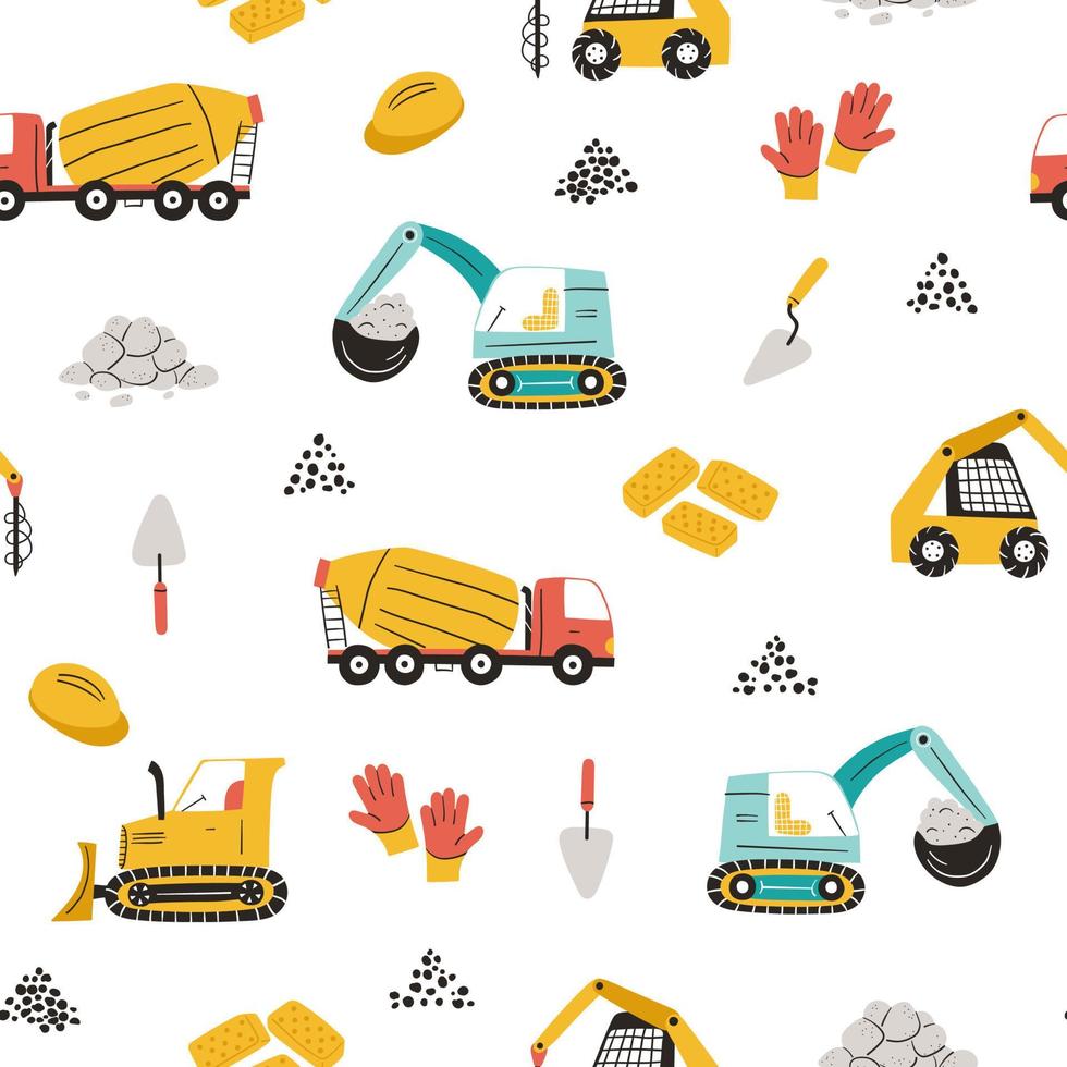 980x980 Hand drawn construction vehicles seamless pattern on white background. Cute design cartoon style, used for printing wallpaper, fabric, textile, wrapping paper