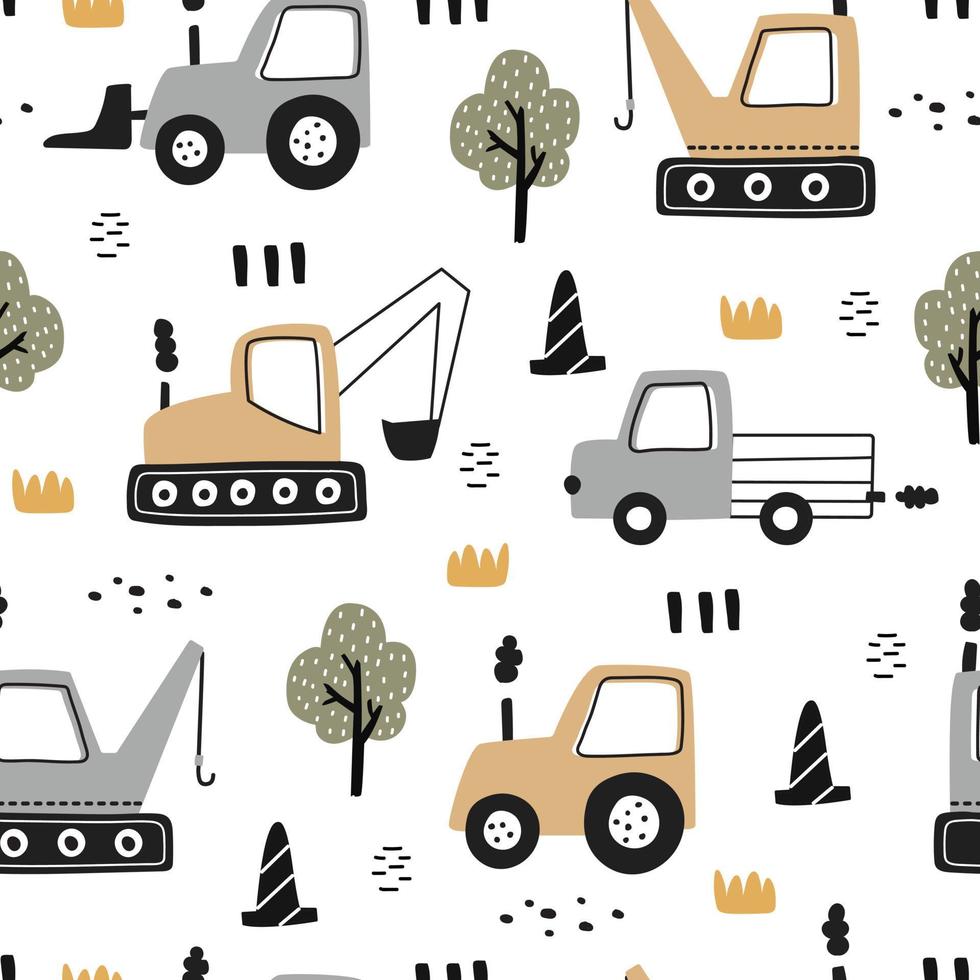 980x980 Hand Drawn Construction Vehicles Seamless Pattern Vector Have A Tractor With The Tree On White Background Cute Design, Cartoon Style, Used For Printing, Wallpaper, Fabric, Fashion Textile