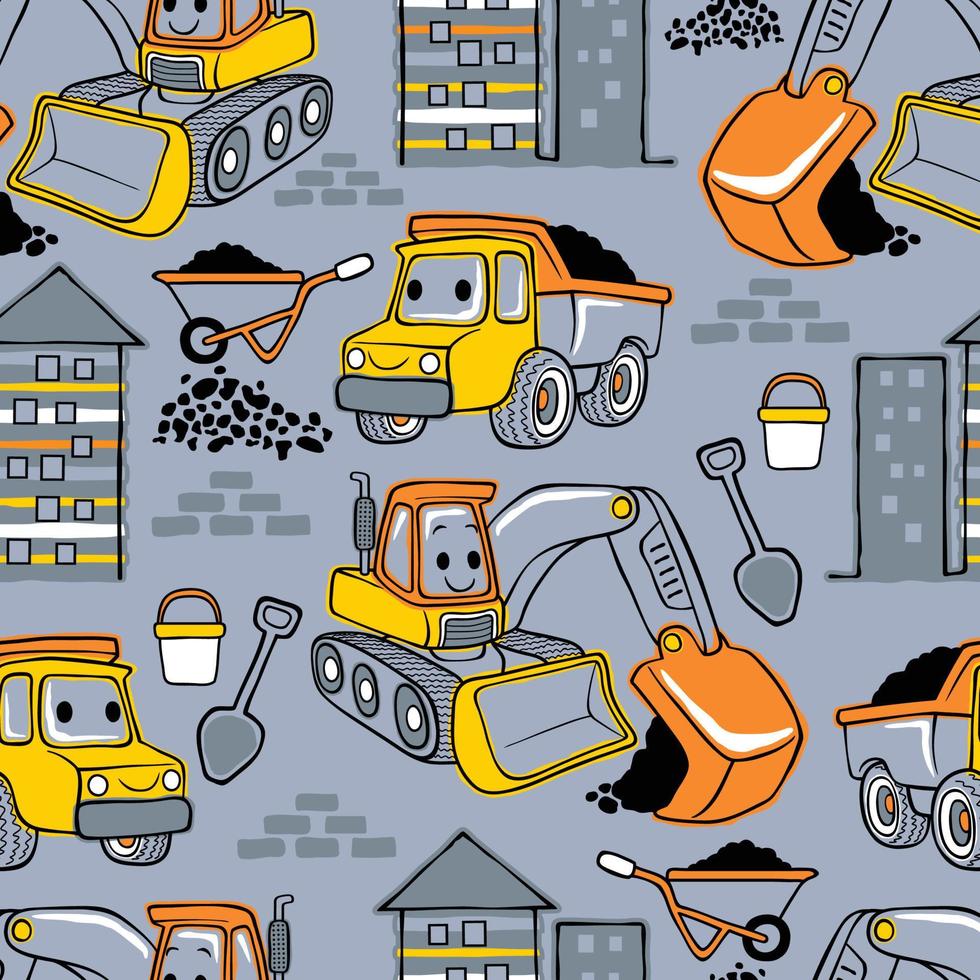 980x980 seamless pattern vector of hand drawn building process with funny construction vehicles cartoon