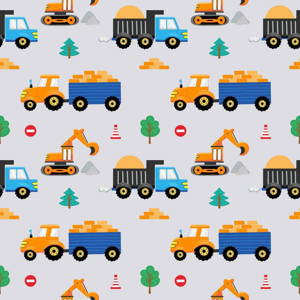 980x980 Seamless pattern with hand drawn transport. Tractor, truck and excavator. Cartoon background for Kids. Vector illustrations. Kids wallpaper design. Baby room design, wall decor, mural