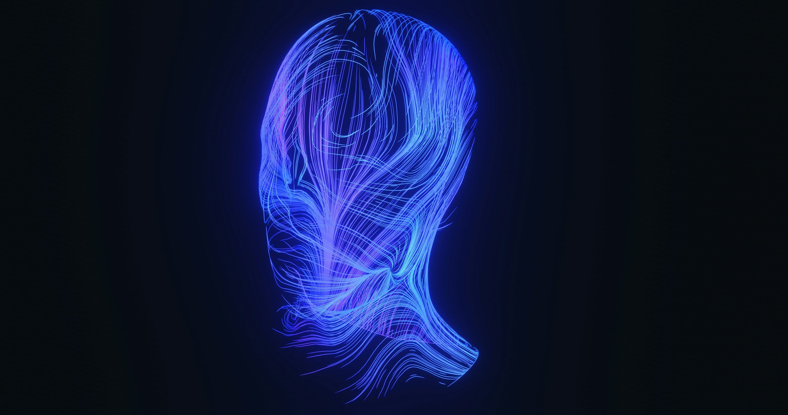 3000x1582 Abstract blue and purple light streaks forming a head shape