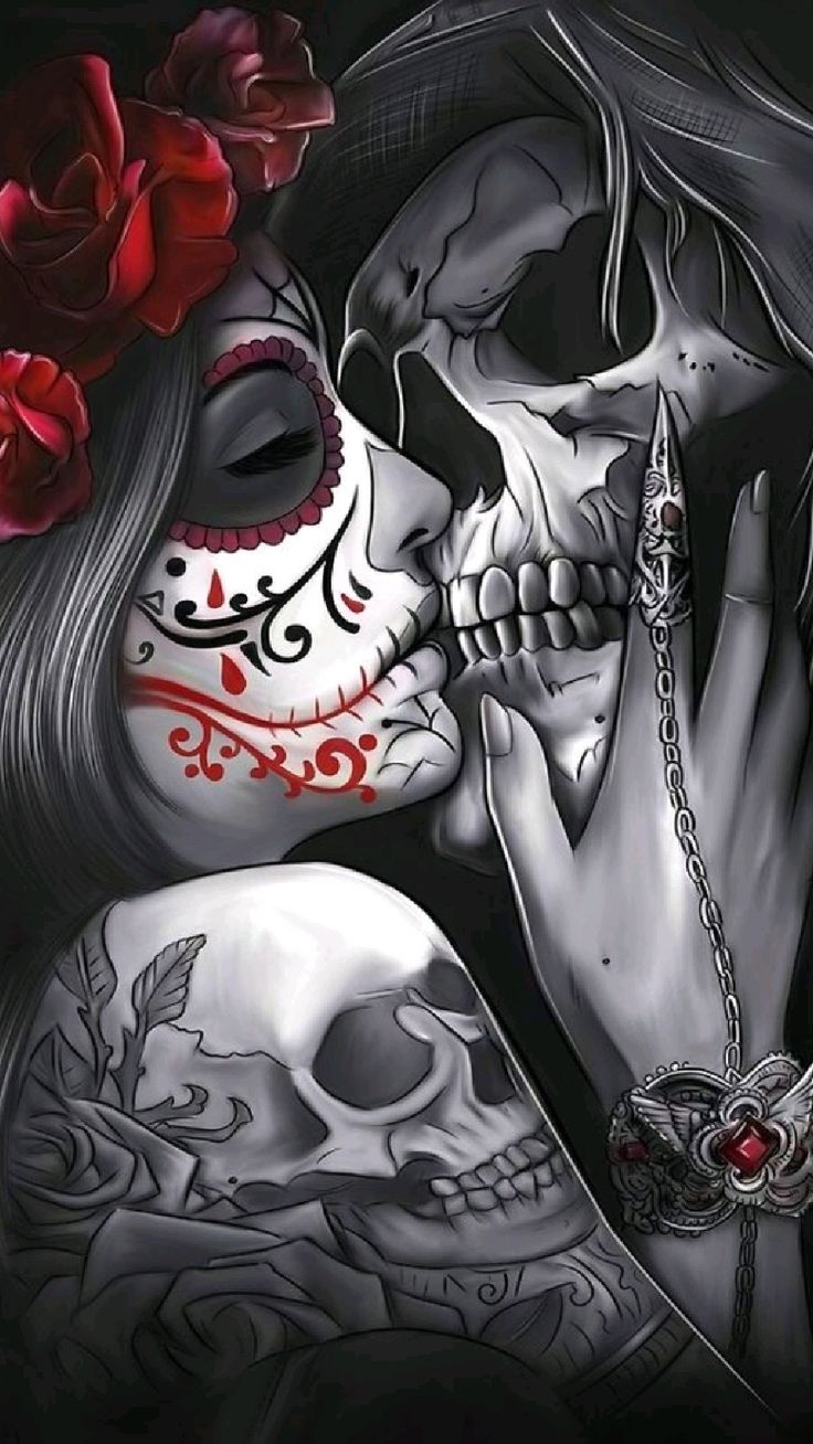 736x1308 Sugar skull girl kissed a human head. Skull lovers wallpaper, Skull couple wallpaper, Sugar skull