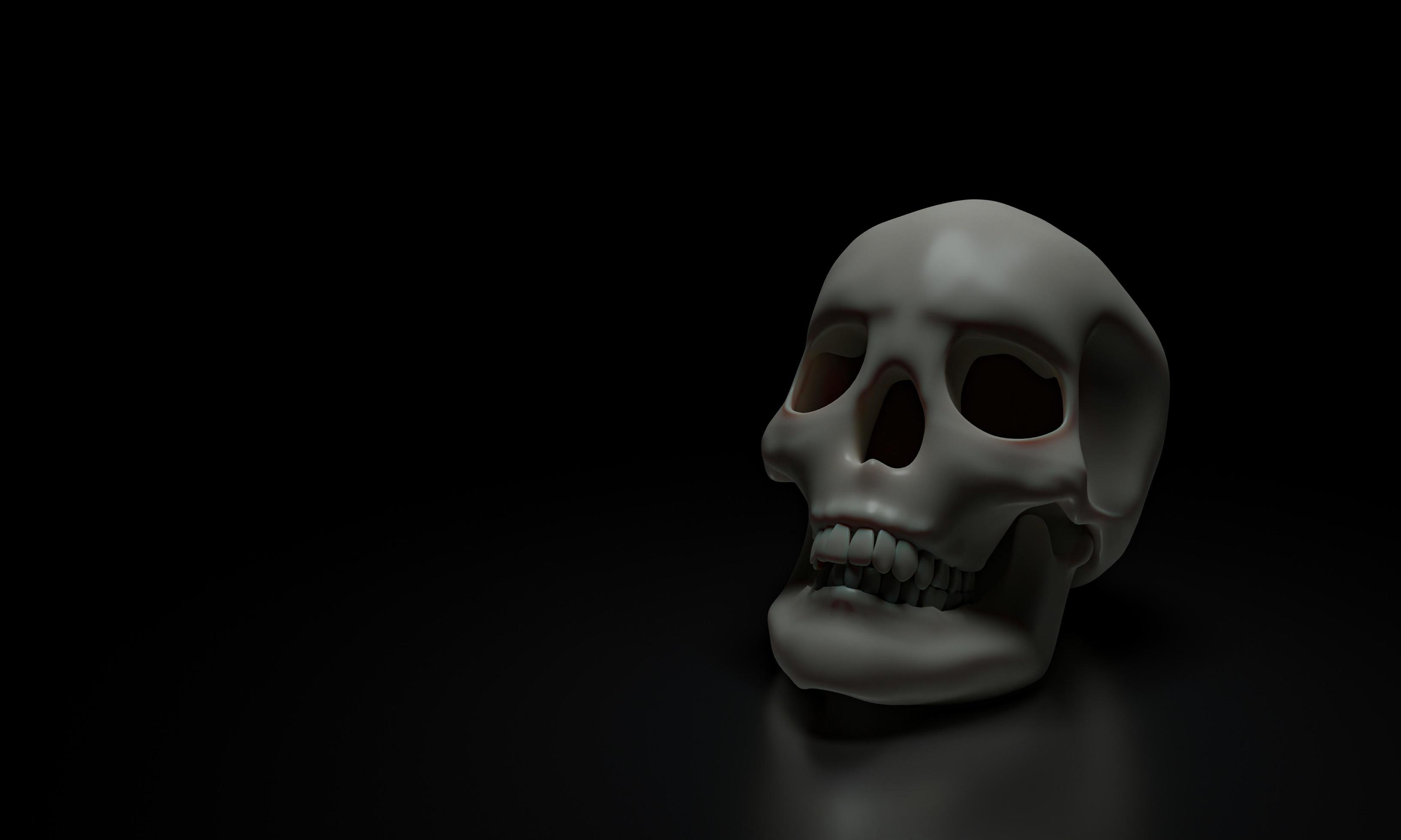 3267x1960 Human skull model, clean skull head, placed on a shiny surface, and a black background. 3D Rendering