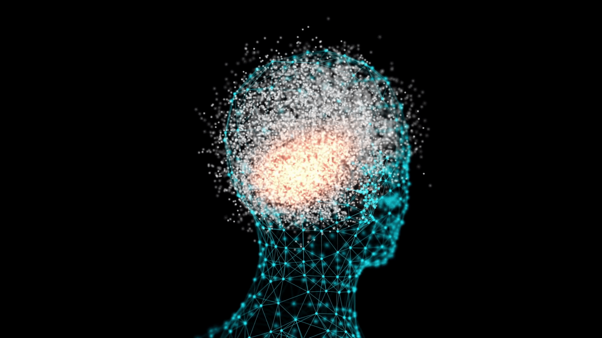 1920x1080 Transparent human head with a brain revolving in 3D space and particles around it. Blue abstract futuristic medicine, science and technology motion background. 3D rendering. Depth of field settings