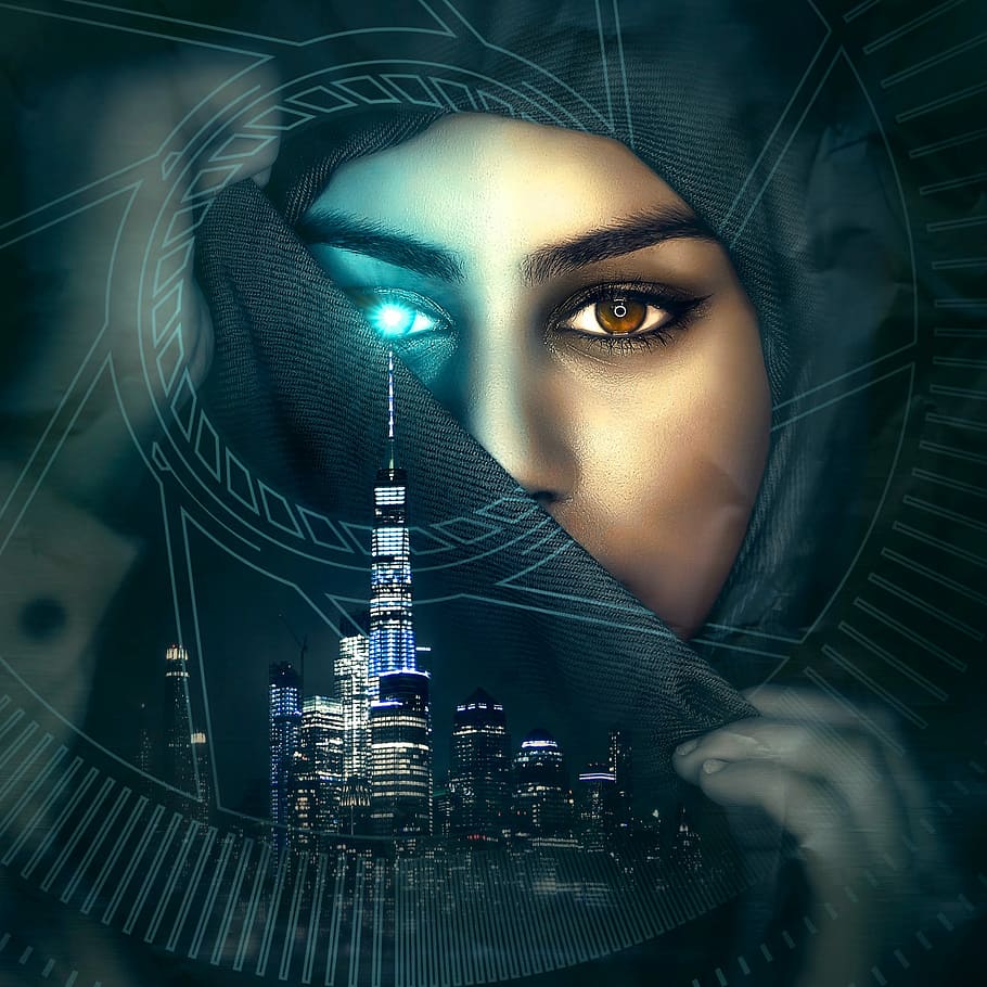 910x910 woman, covering, head, hijab, digital, wallpaper, cd cover, portrait