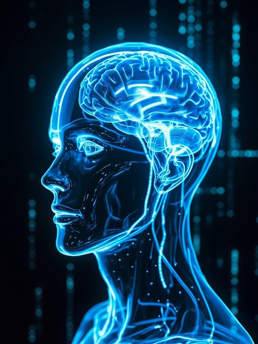 864x1152 Futuristic Human Head with Transparent Skin, 3D Render on Dark Tech Background