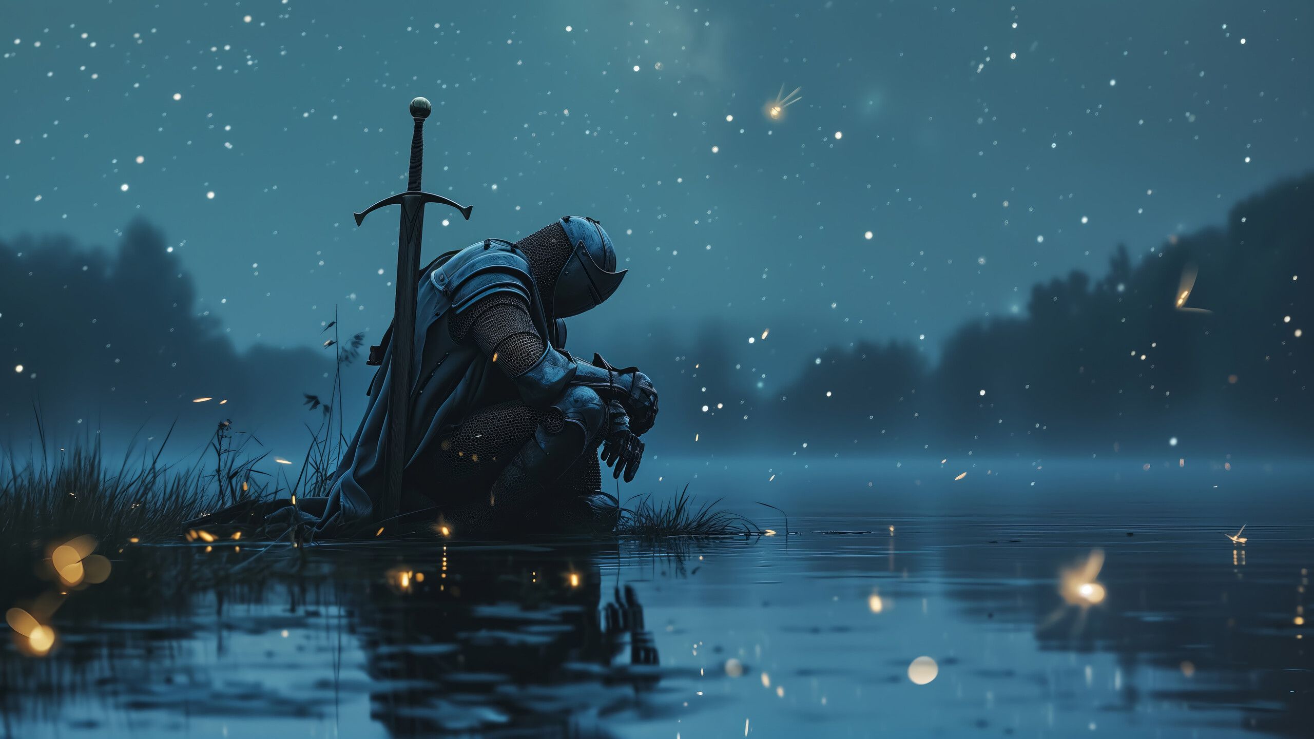2560x1440 Knight Kneeling Lake Fantasy Wallpaper 4K HD PC n