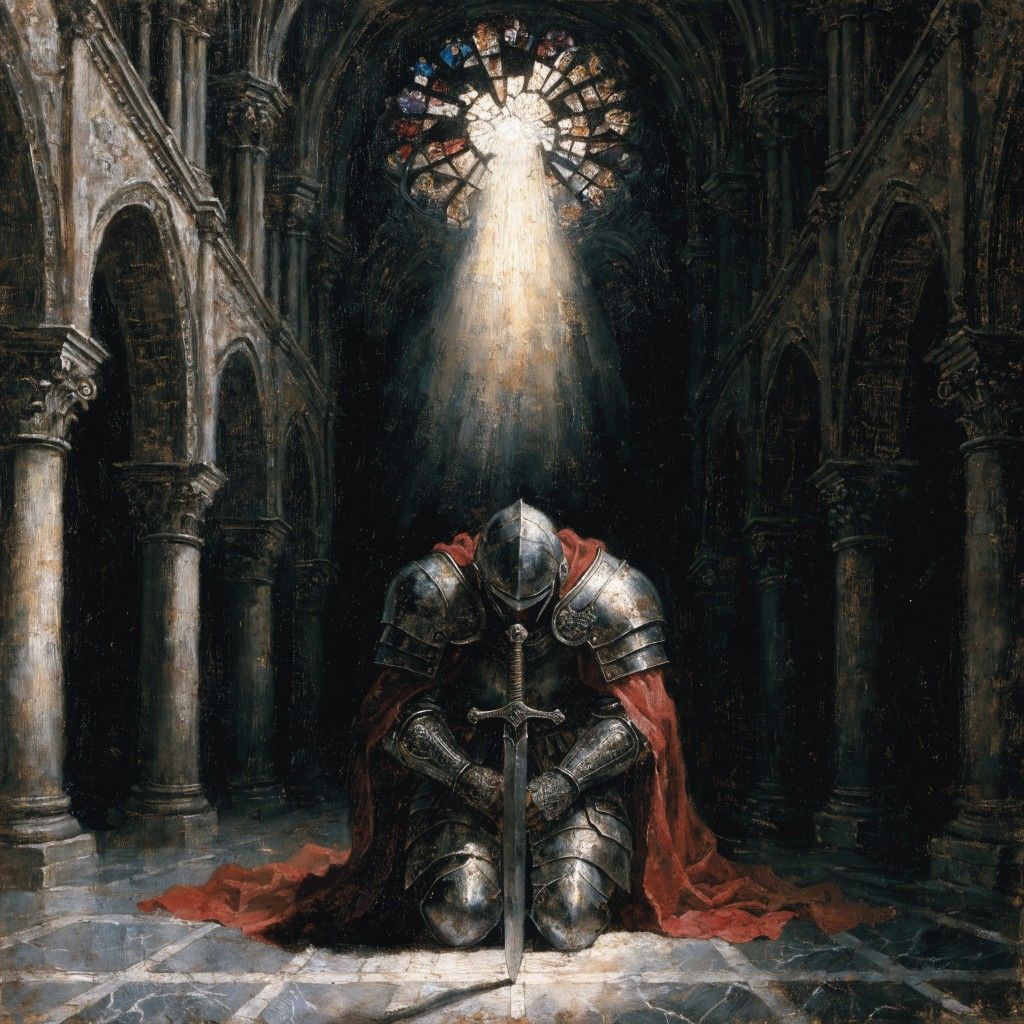 1024x1024 Download Knight Prays Alone Image, Warrior, Cathedral