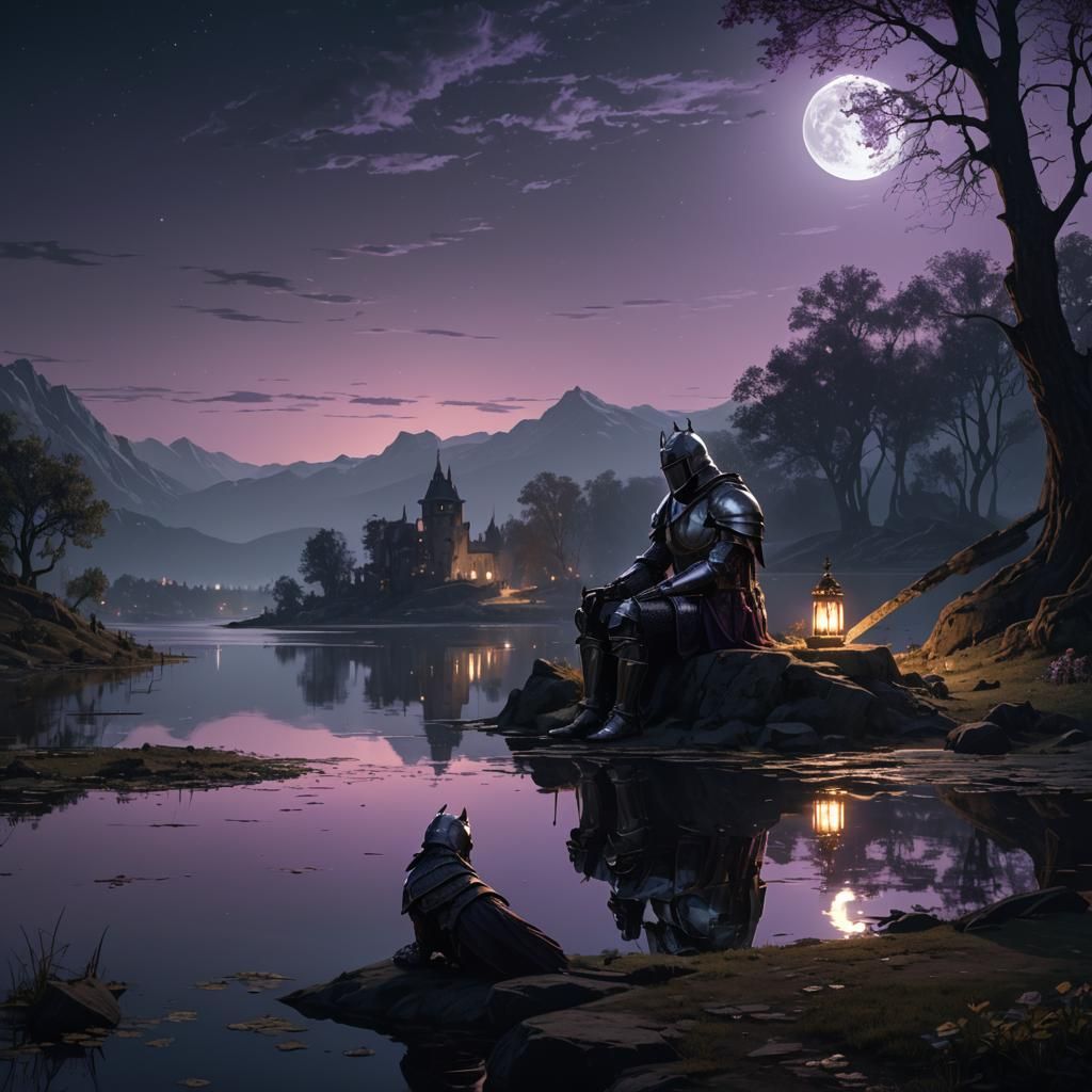1024x1024 Sad knight sitting near a lake Knight Reflects