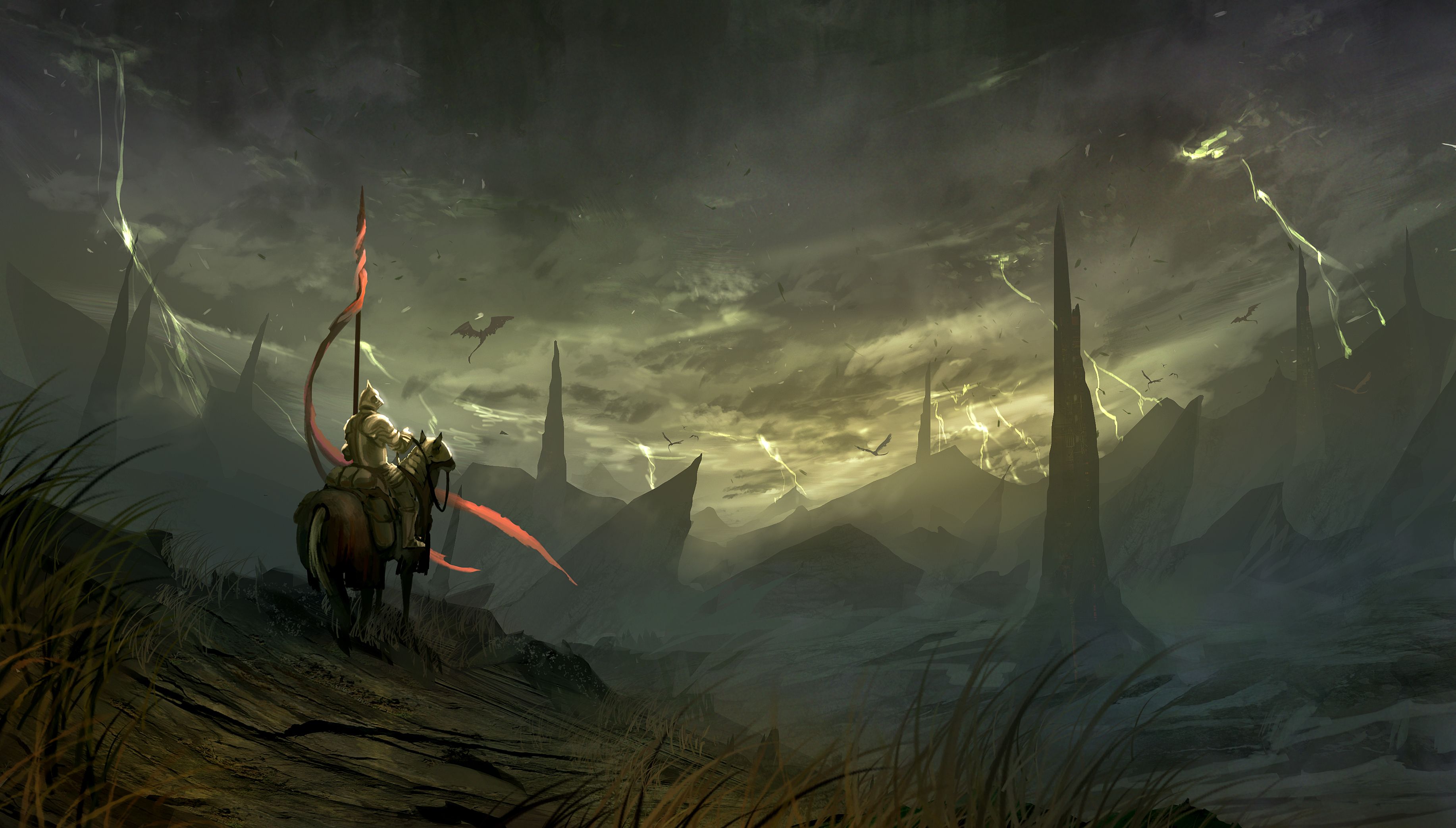 3668x2086 warriors, Fantastic, World, Fantasy, Warrior, Knights, Knight, Lightning, Storm, Storms, Sky, Landscapes Wallpaper HD / Desktop and Mobile Background