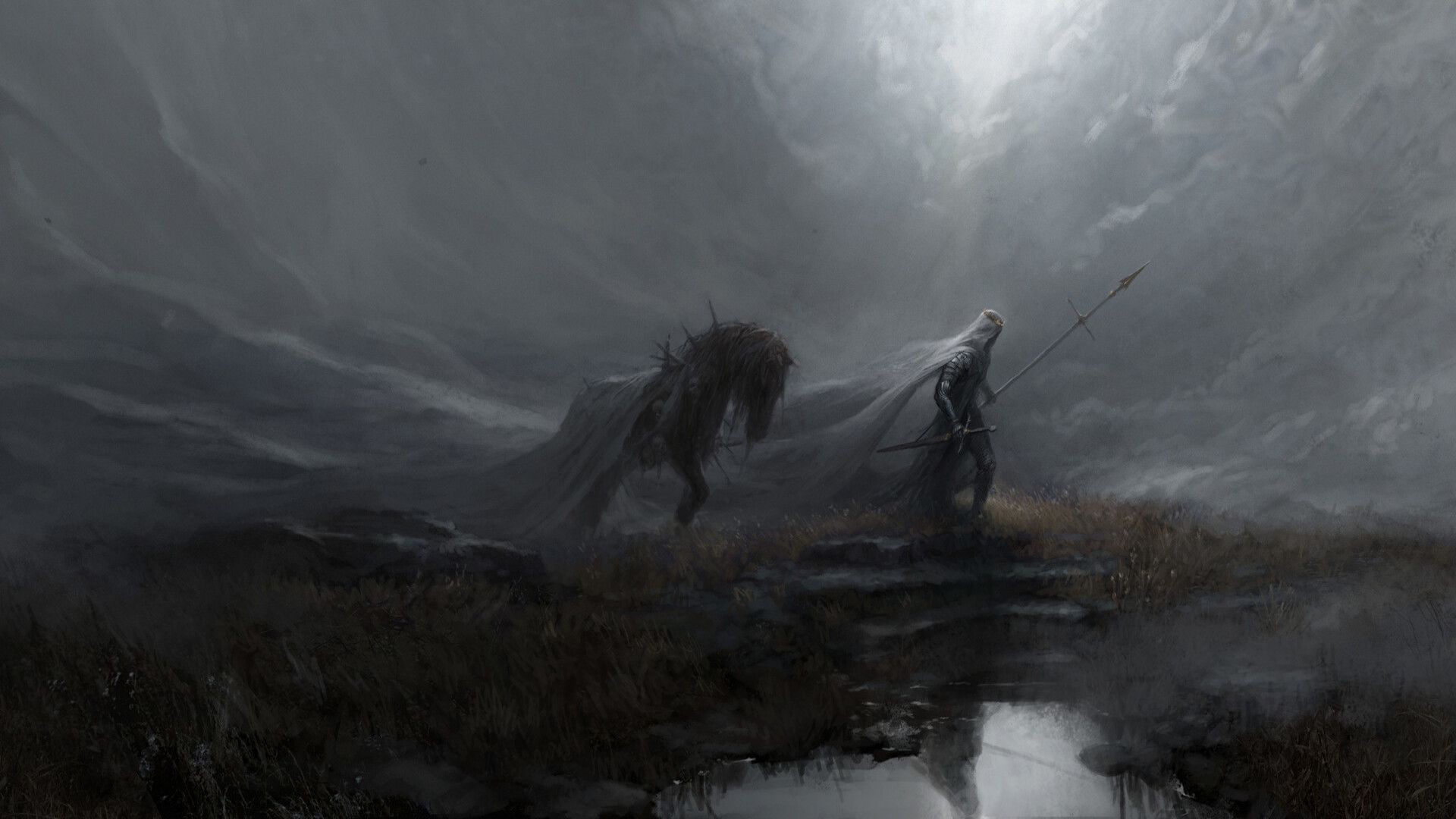 1920x1080 Epic Fantasy Knight with Spear and Horse HD Wallpaper