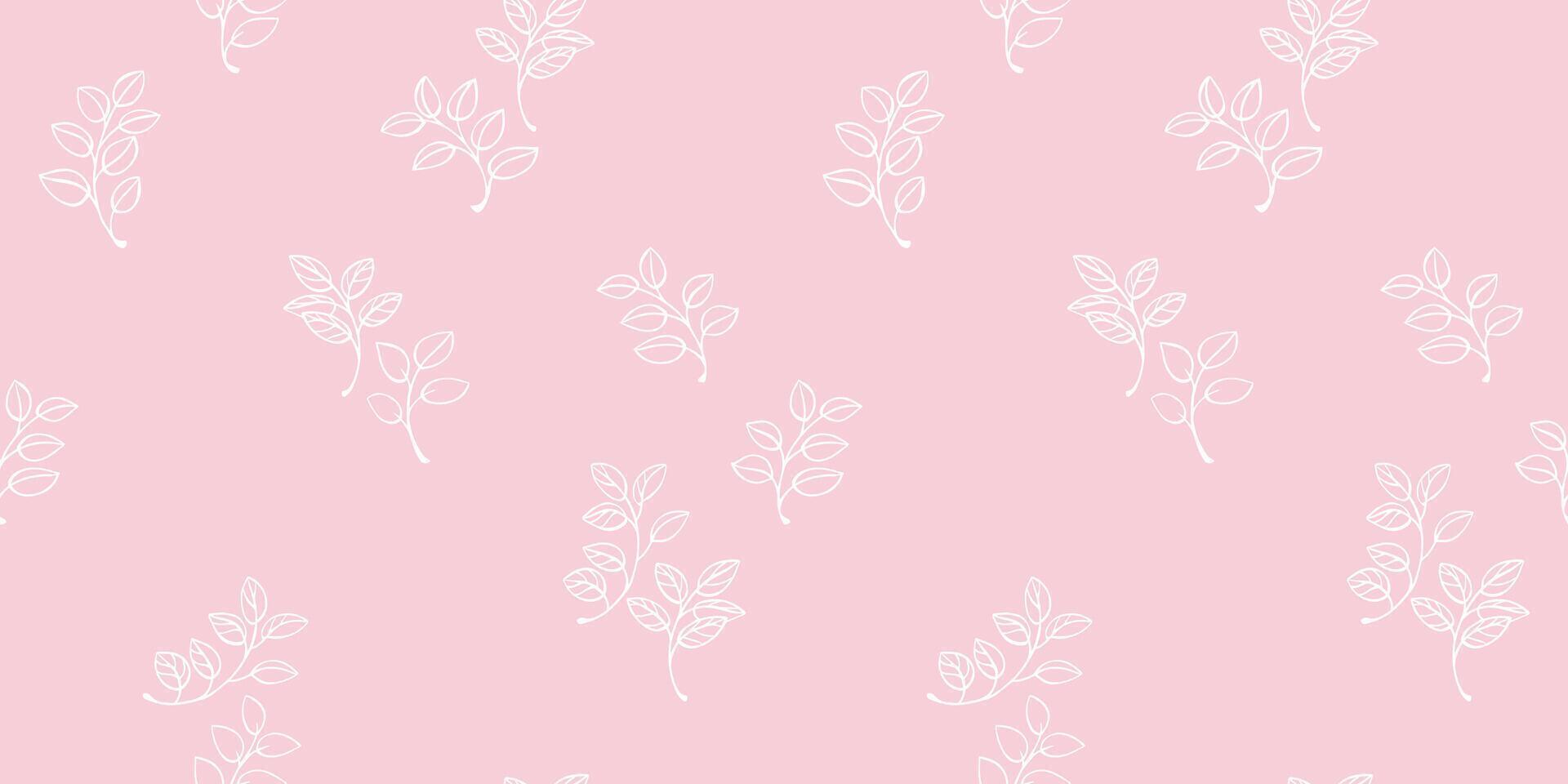 1920x960 Pastel seamless pattern with minimalist white line drawn branches with leaves on a soft pink background. Plain ornament for elegant textiles, wallpaper, packaging, modern graphic designs