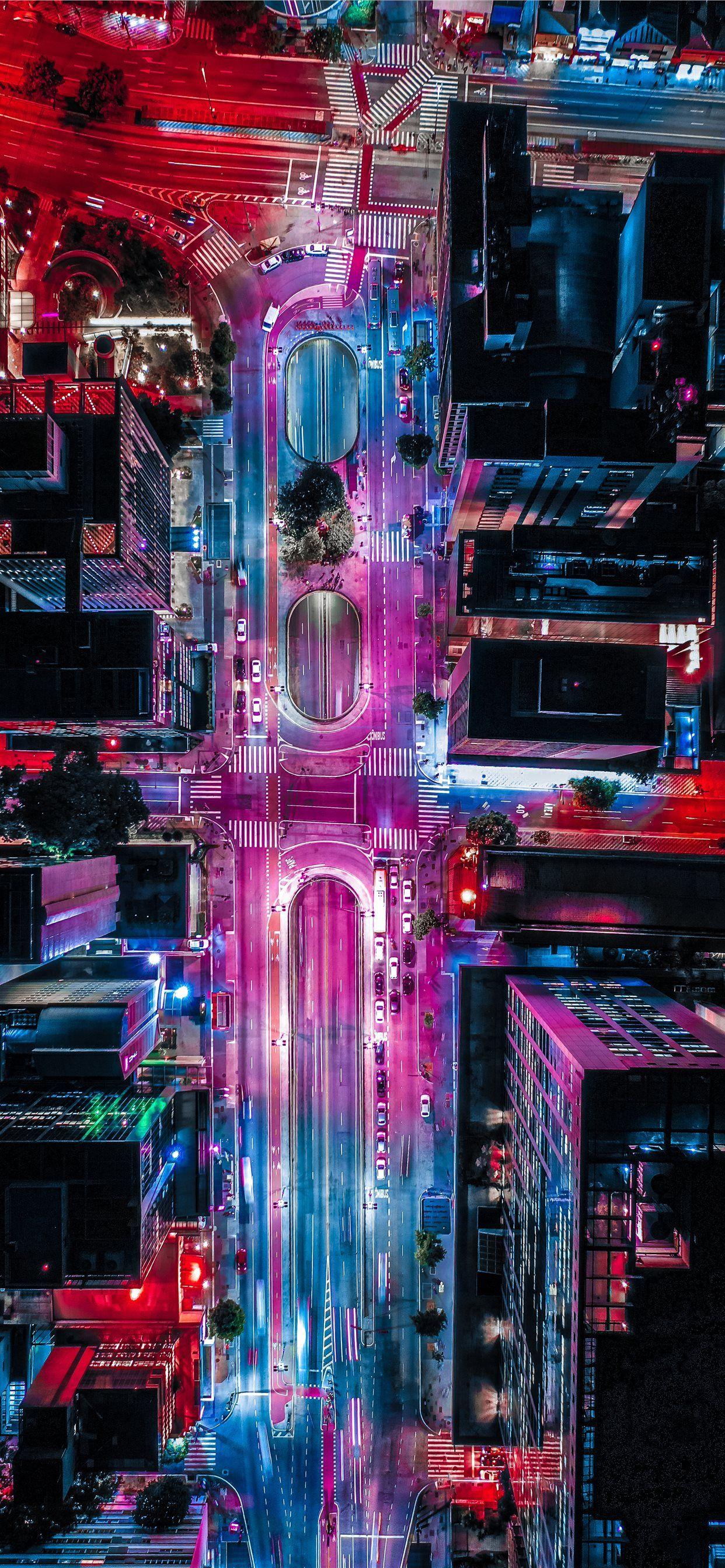1242x2688 red and blue lights on building iPhone X Wallpaper Free Download