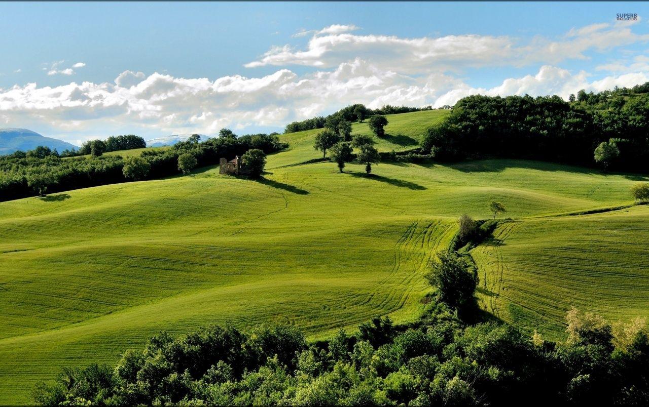 1280x804 Green Hills Trees Clouds House wallpaper. Green Hills Trees Clouds House