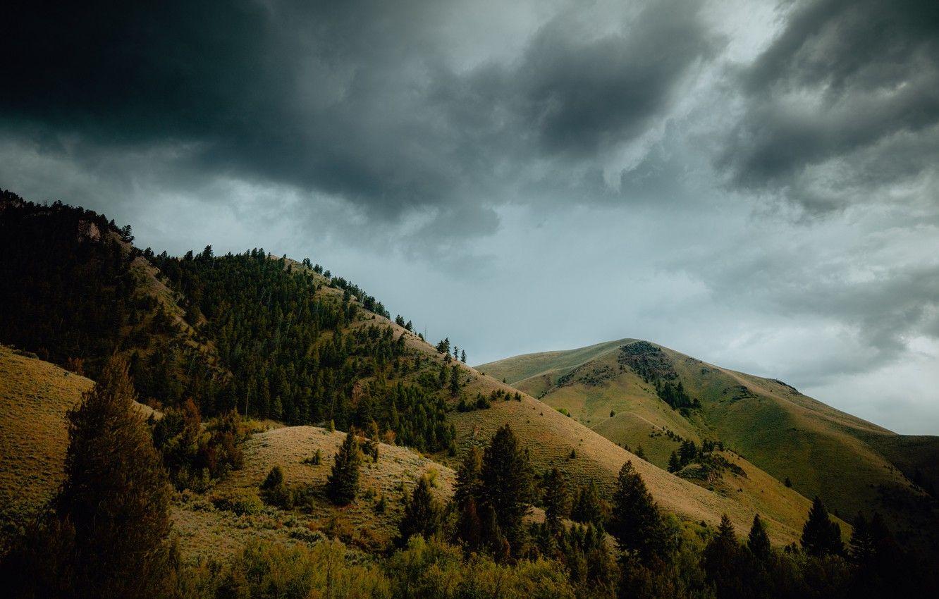 1332x850 Wallpaper earth, sky, trees, nature, land, autumn, mountains, clouds, landscapes, slopes, hills, blur effect, gloomy, storm clouds, 4k ultra HD background image for desktop, section пейзажи