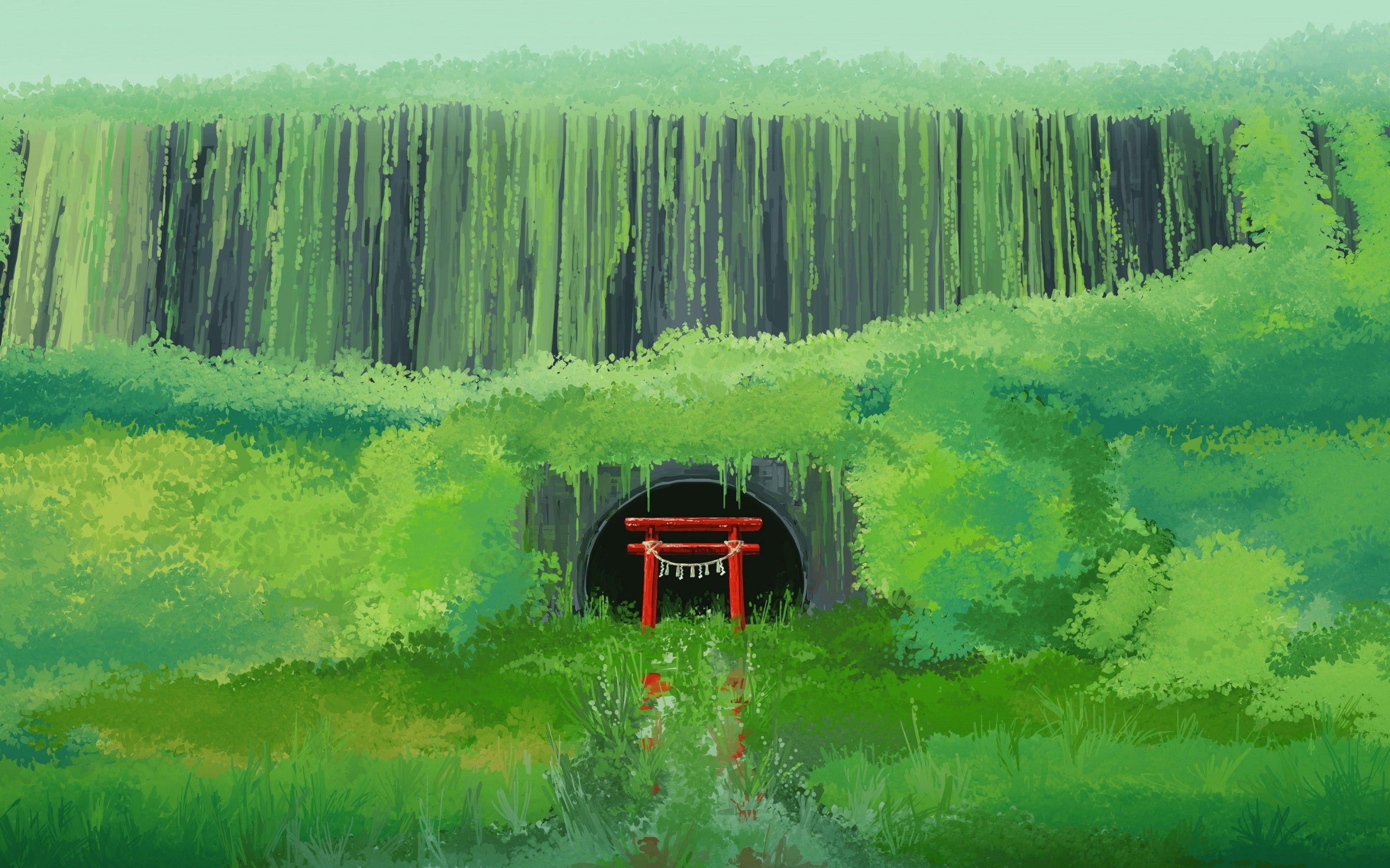 2880x1800 Download 2880x1800 Torii, Anime Landscape, Green, Hills, Shrine Wallpaper for MacBook Pro 15 inch