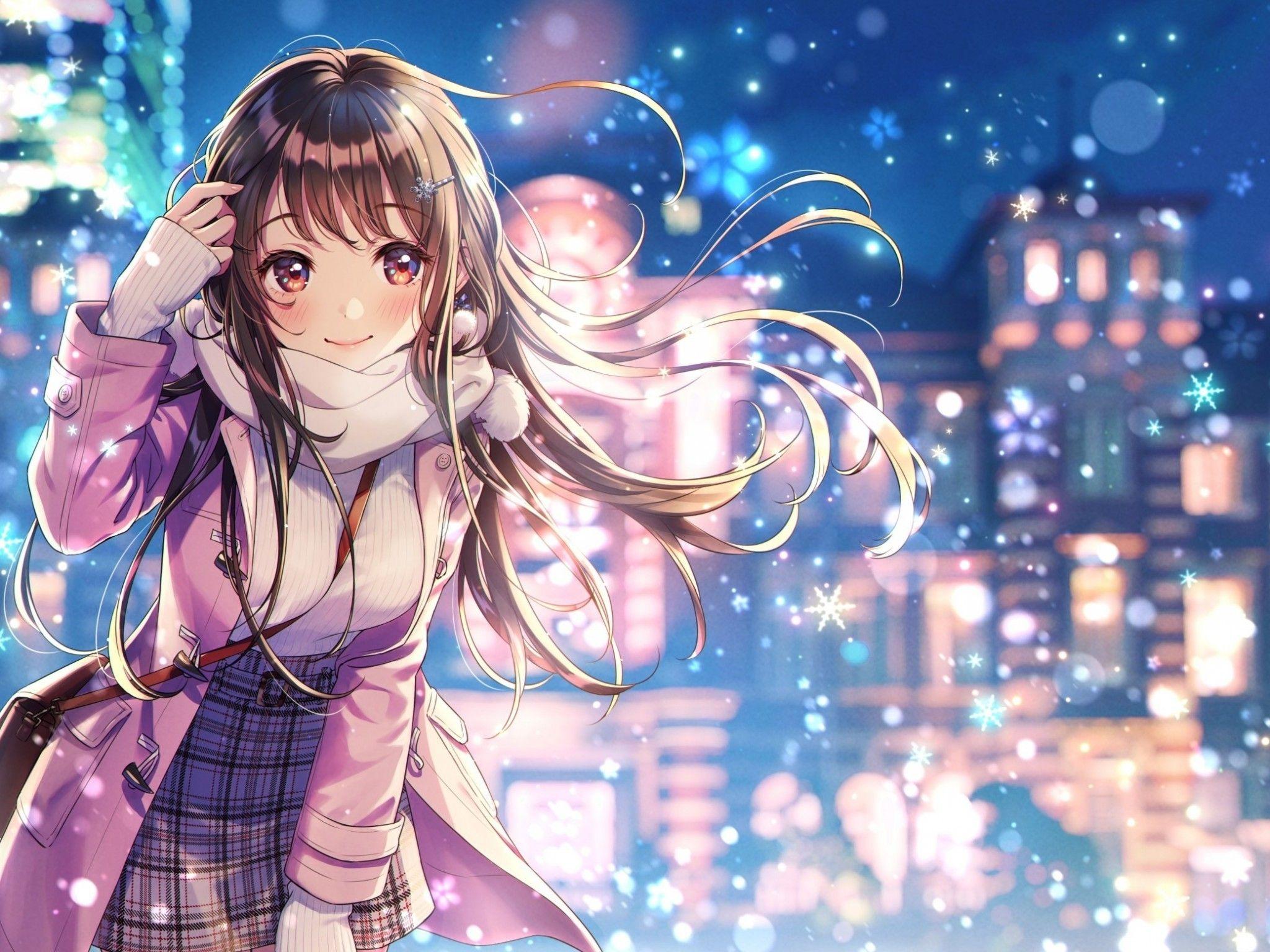 2048x1536 Beautiful Anime Girl, Coat, Smiling, Winter, Snowflakes, Girl Wallpaper HD Wallpaper & Background Download