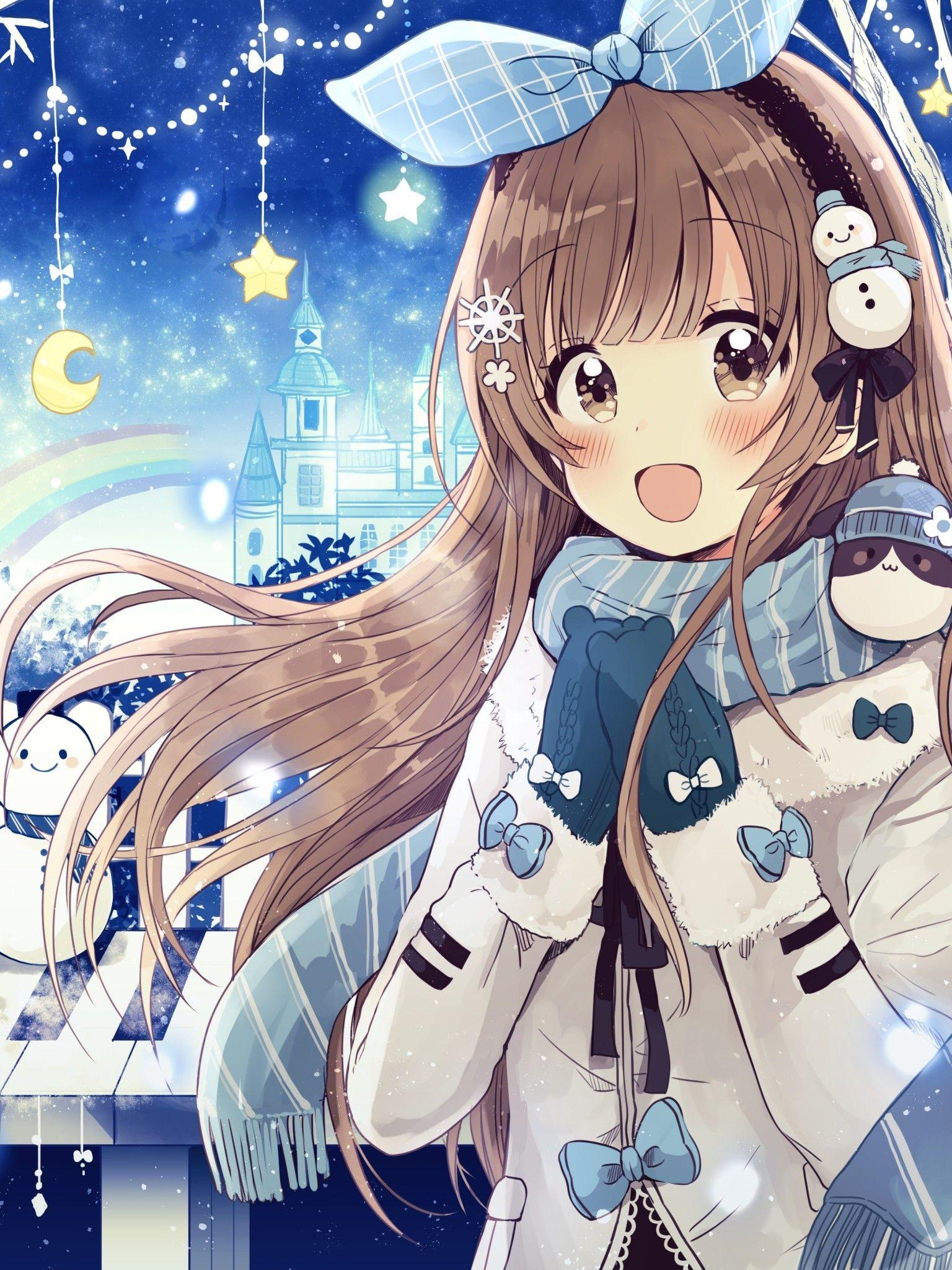 1536x2048 Download 1536x2048 Anime Girl, Winter, Smiling, Brown Hair, Sweater Wallpaper for Apple iPad Mini, Apple IPad 4