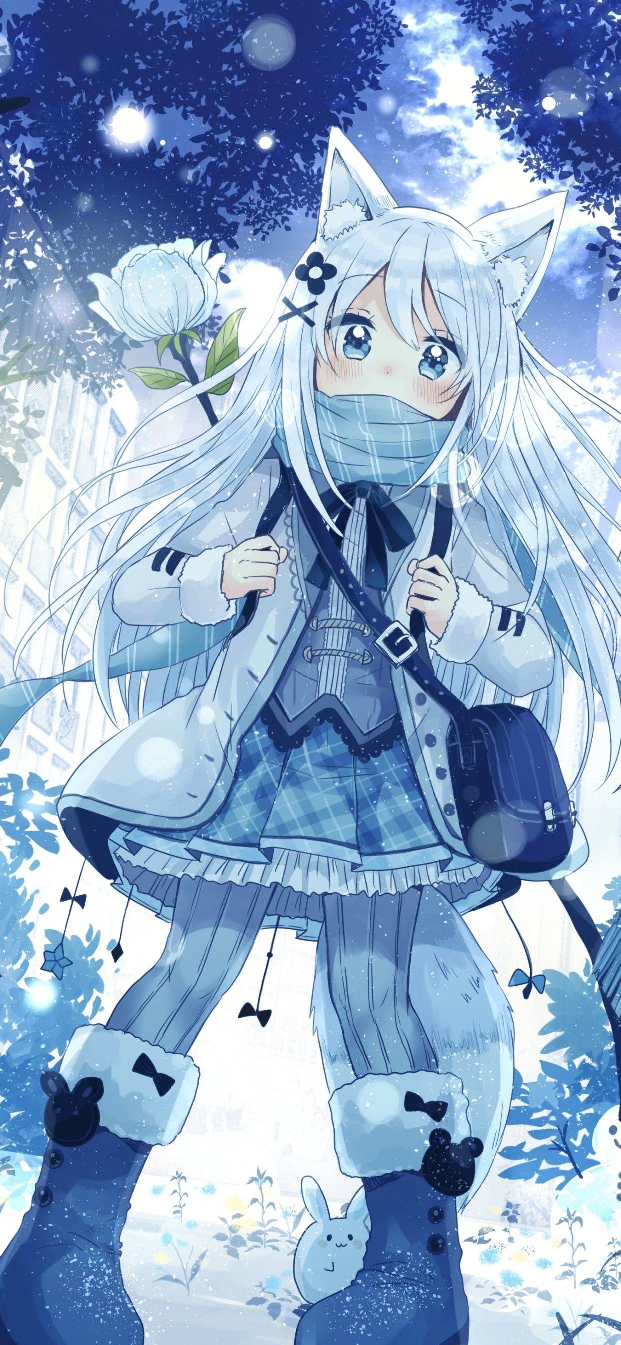 1242x2688 Download 1242x2688 Anime Girl, White Hair, Animal Ears, Winter, Snow, Tail, Snowmans Wallpaper for iPhone 11 Pro Max & XS Max