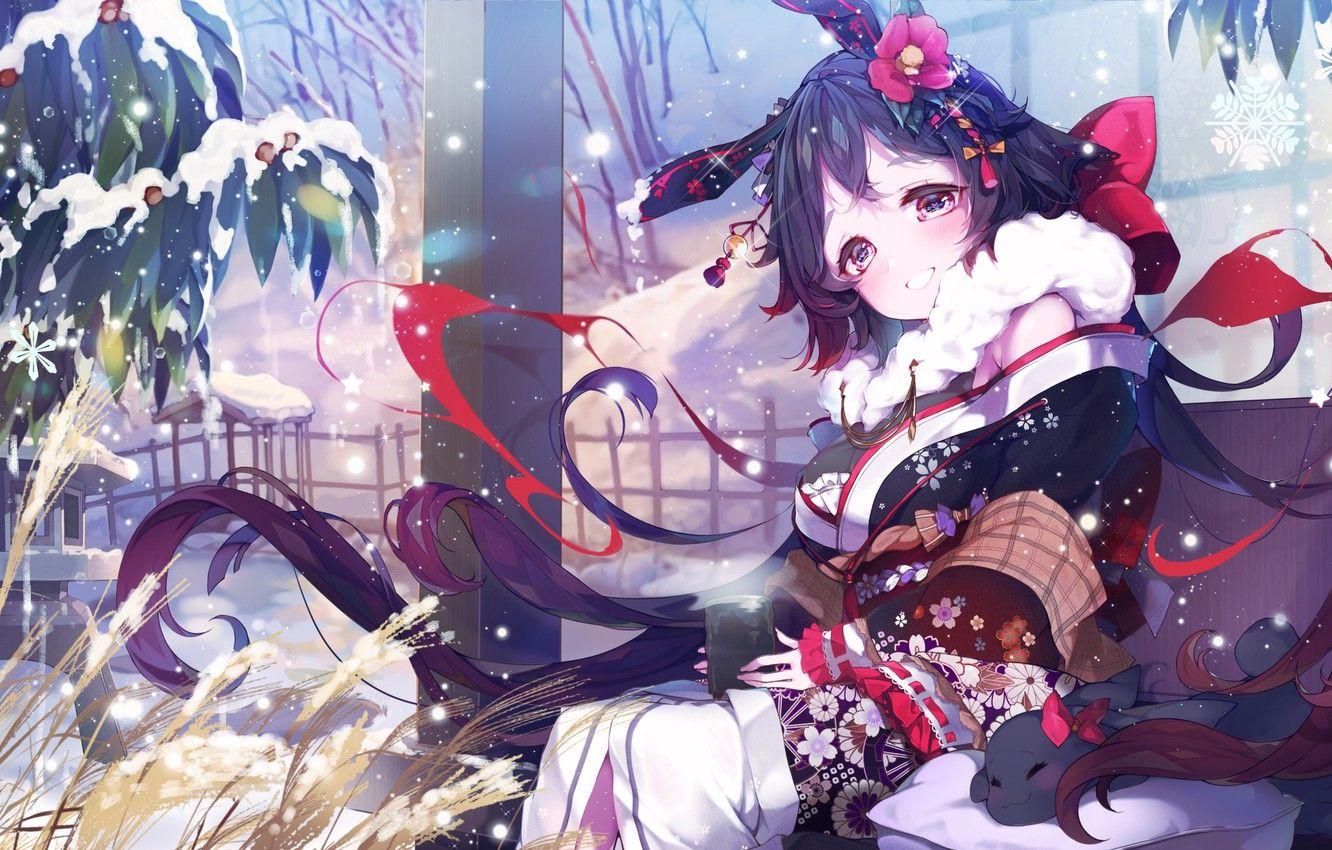 1332x850 Photo Wallpaper Winter, Girl, Flower, Decoration, Anime, Anime In Yukata
