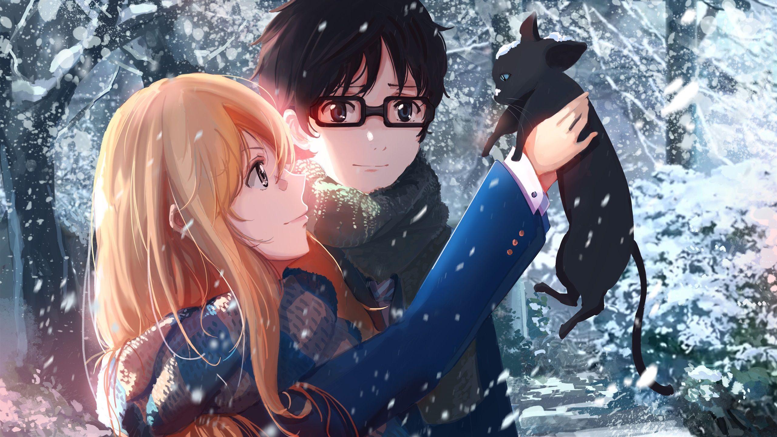 2560x1440 Wallpaper Anime girl and boy in winter, cat, snow 3840x2160 UHD 4K Picture, Image