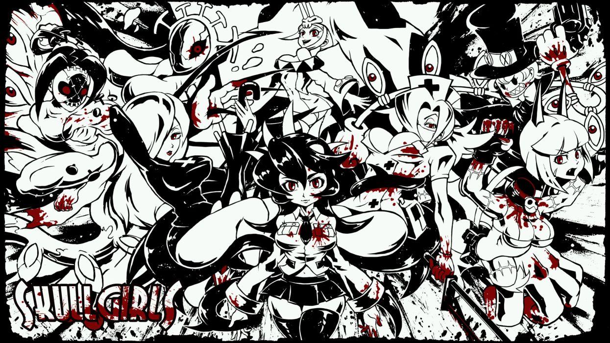 1245x700 SKULLGIRLS action fighting chibi girl girls skull warrior anime