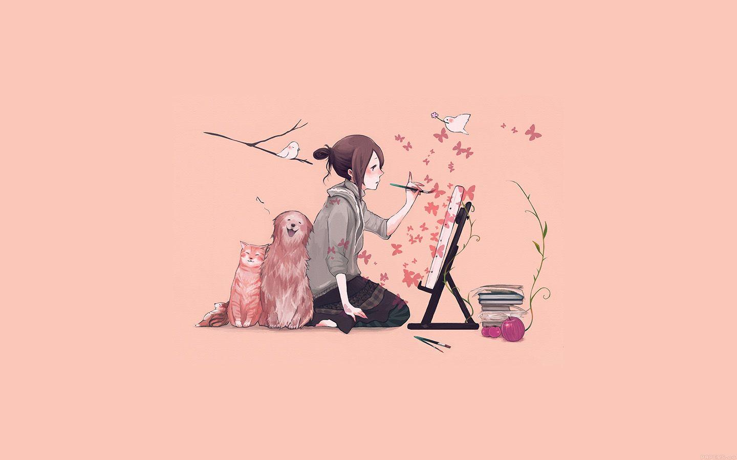 1440x900 Illustrator Dog Cat Pink Art Illust Wallpaper