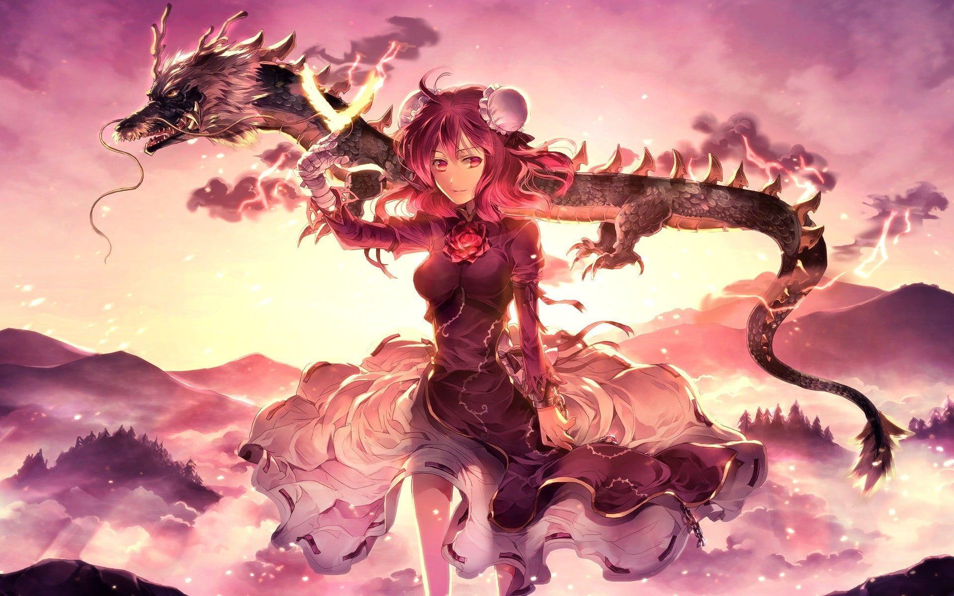 1920x1200 Female anime and black dragon background graphic wallpaper HD wallpaper