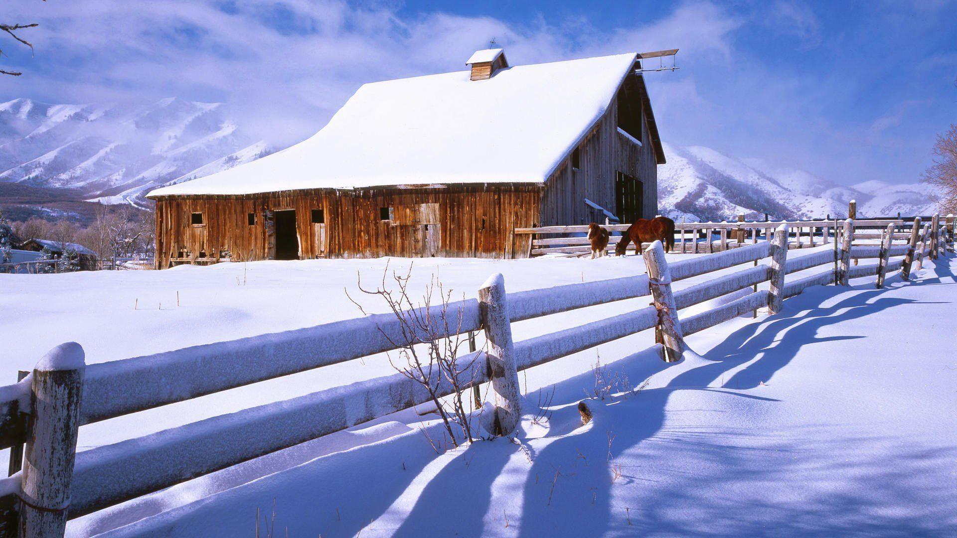 1920x1080 Snowy Red Barn Desktop Wallpaper