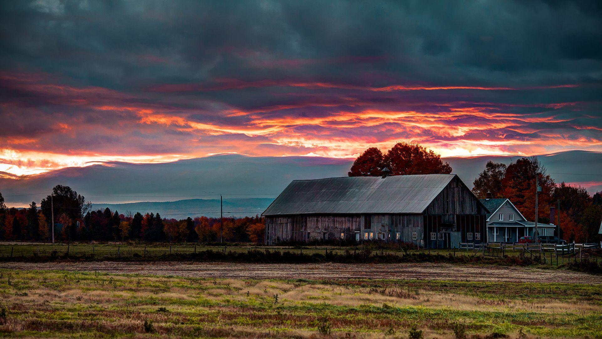 1920x1080 A Fall Sunrise. Sunrise wallpaper, Scenery wallpaper, Farmhouse wallpaper