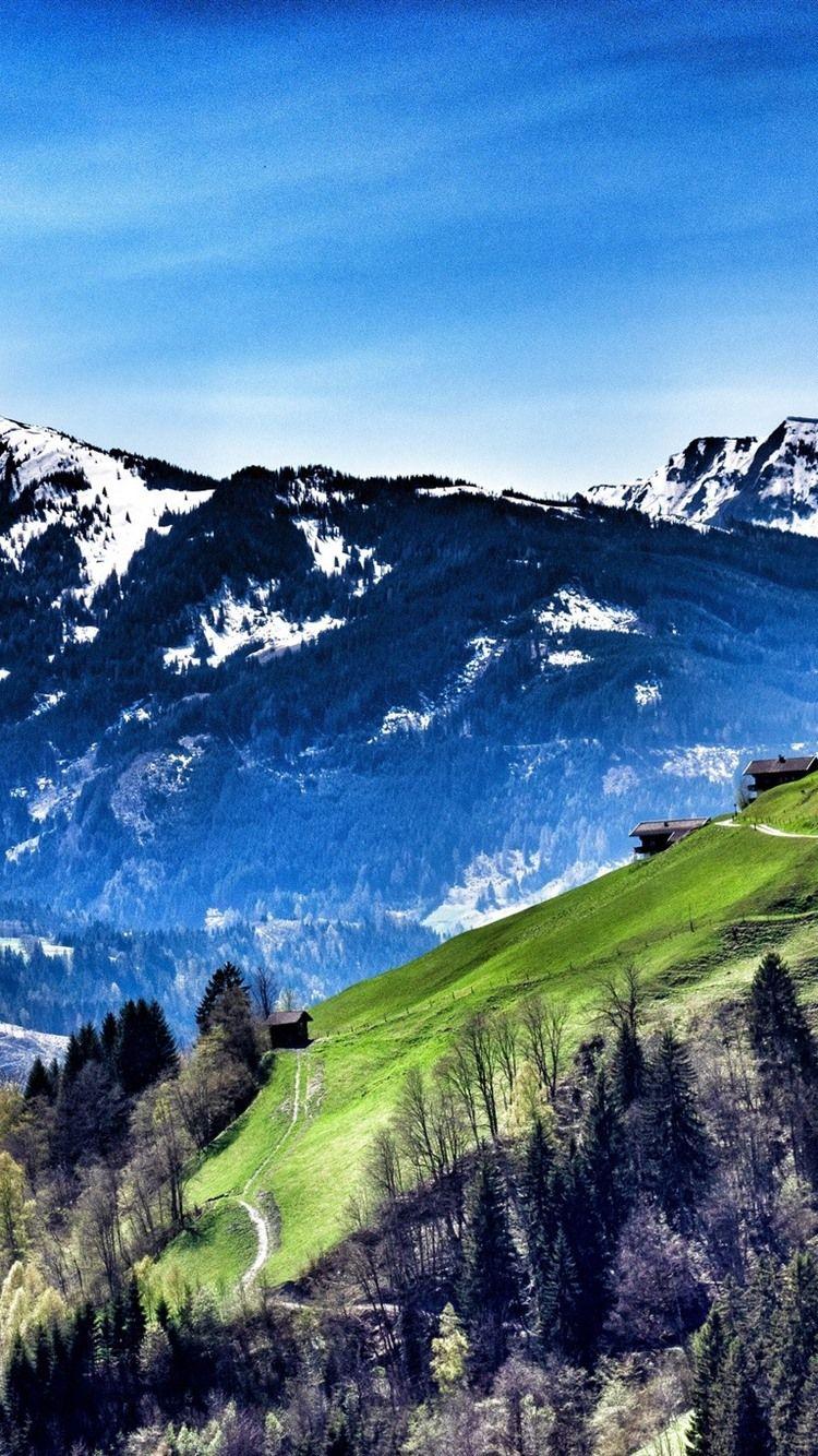 750x1334 Austria, Mountains, Slope, Trees, Village, Blue Sky 750x1334 IPhone 8 7 6 6S Wallpaper, Background, Picture, Image