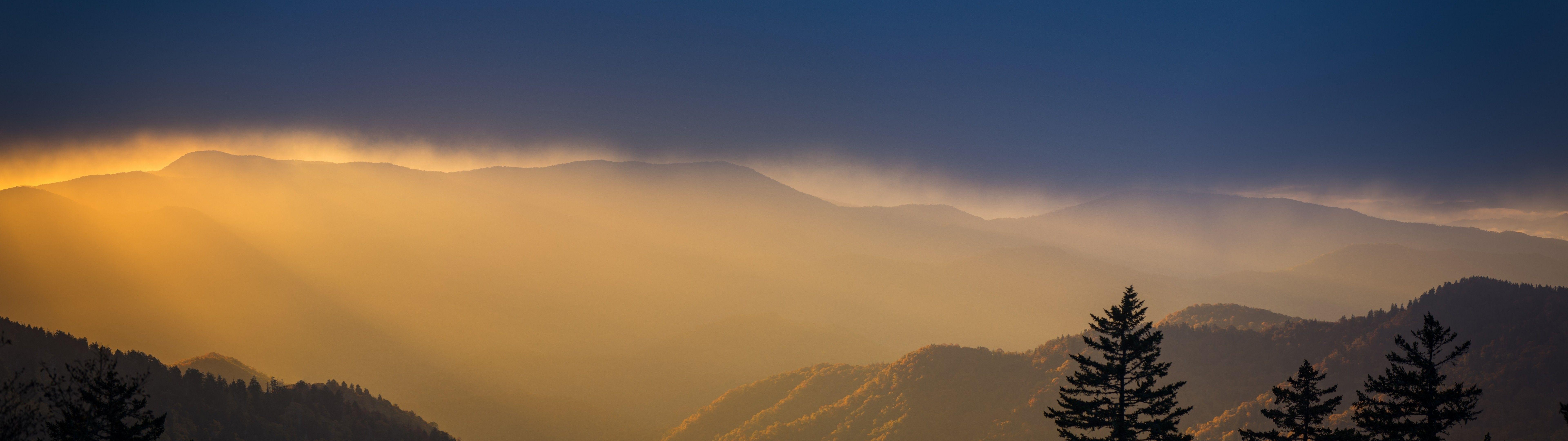 7680x2160 Download 7680x2160 Mountains, Foggy, Clean Sky, Trees Wallpaper