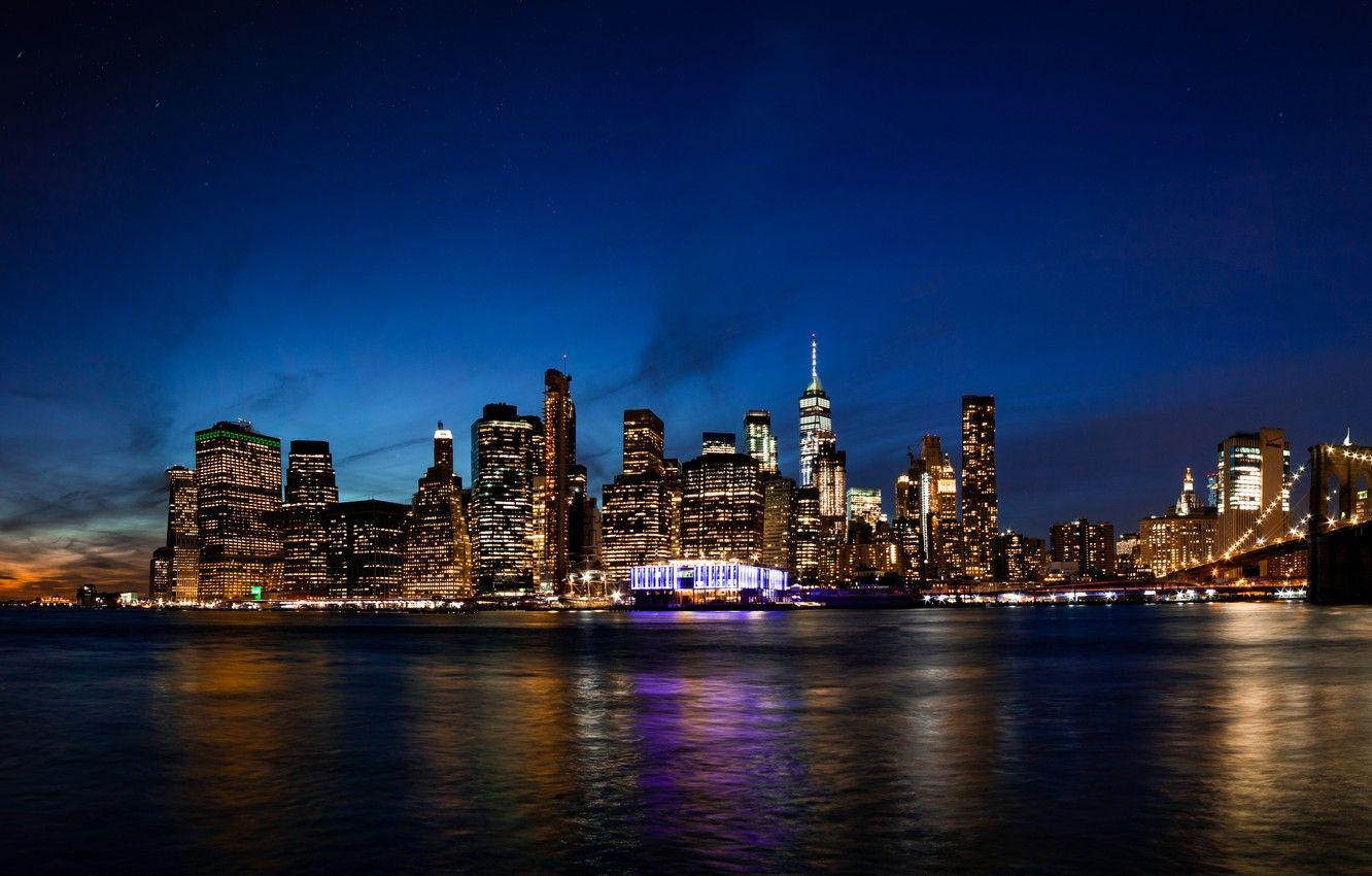 1332x850 Photo Wallpaper City, Lights, Usa, Twilight, River, York Twilight HD