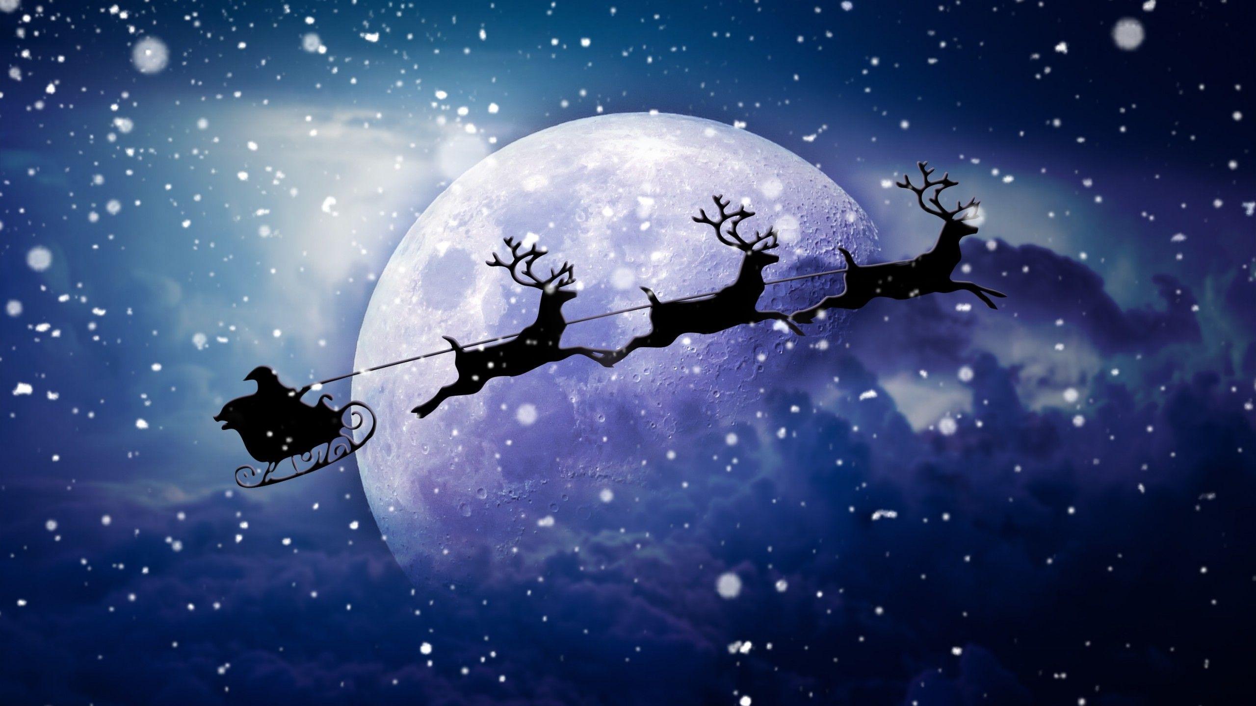2560x1440 Santa Claus Chariot 4K Wallpaper, Moon, Snowfall, Winter, Reindeer Chariot, Celebrations Christmas