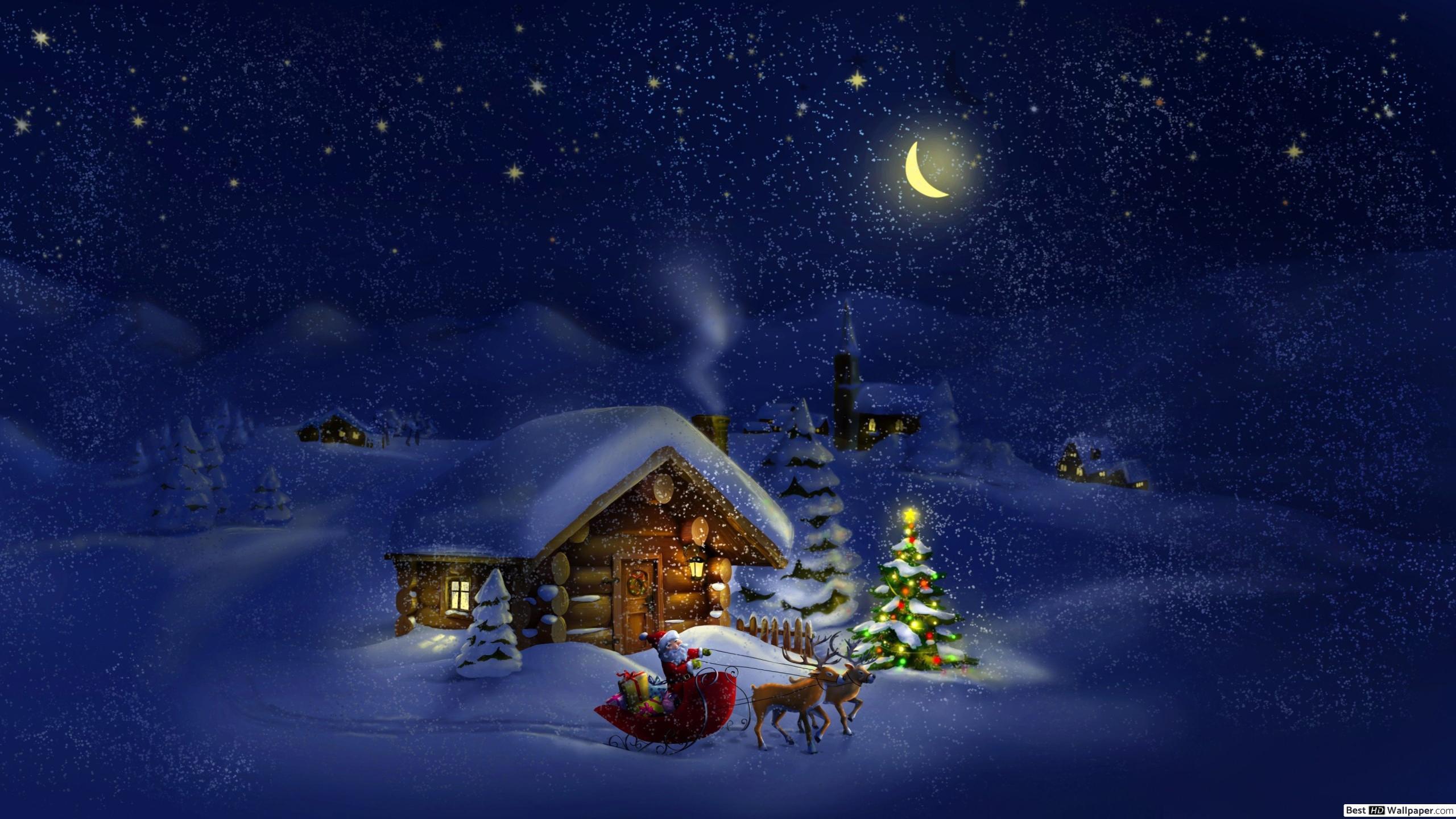 2560x1440 Santa Claus and deers HD wallpaper download