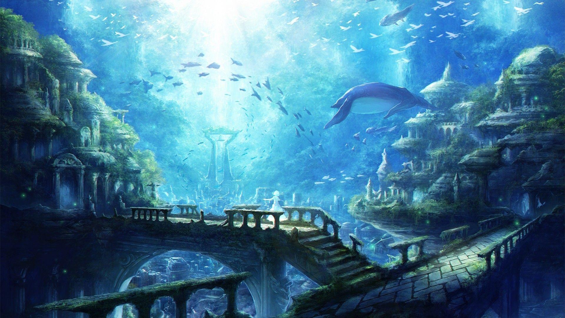 1920x1080 Underwater City, Ruins, Fishes