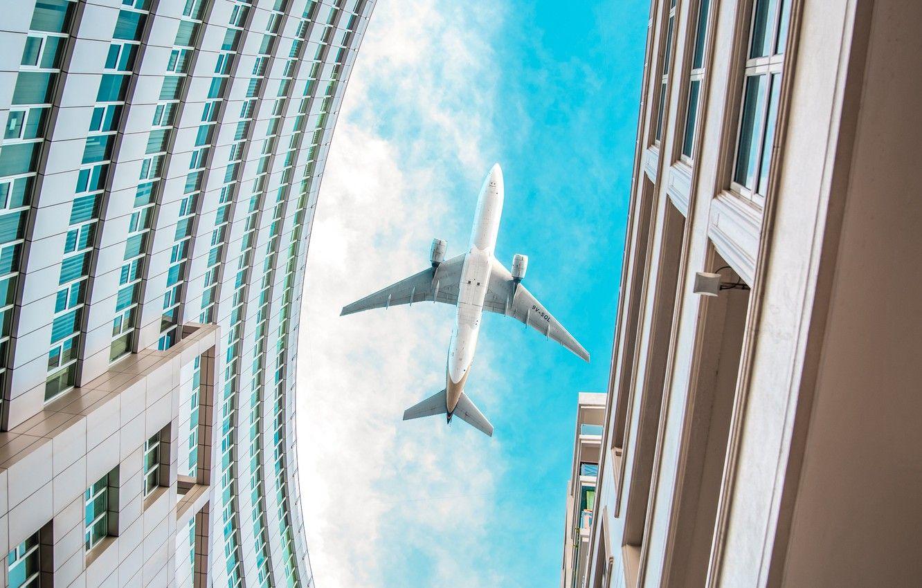 1332x850 Wallpaper city, windows, sky, clouds, landscapes, plane, aviation, buildings, architecture, miscellaneous, bottom view, 4k ultra HD background image for desktop, section разное