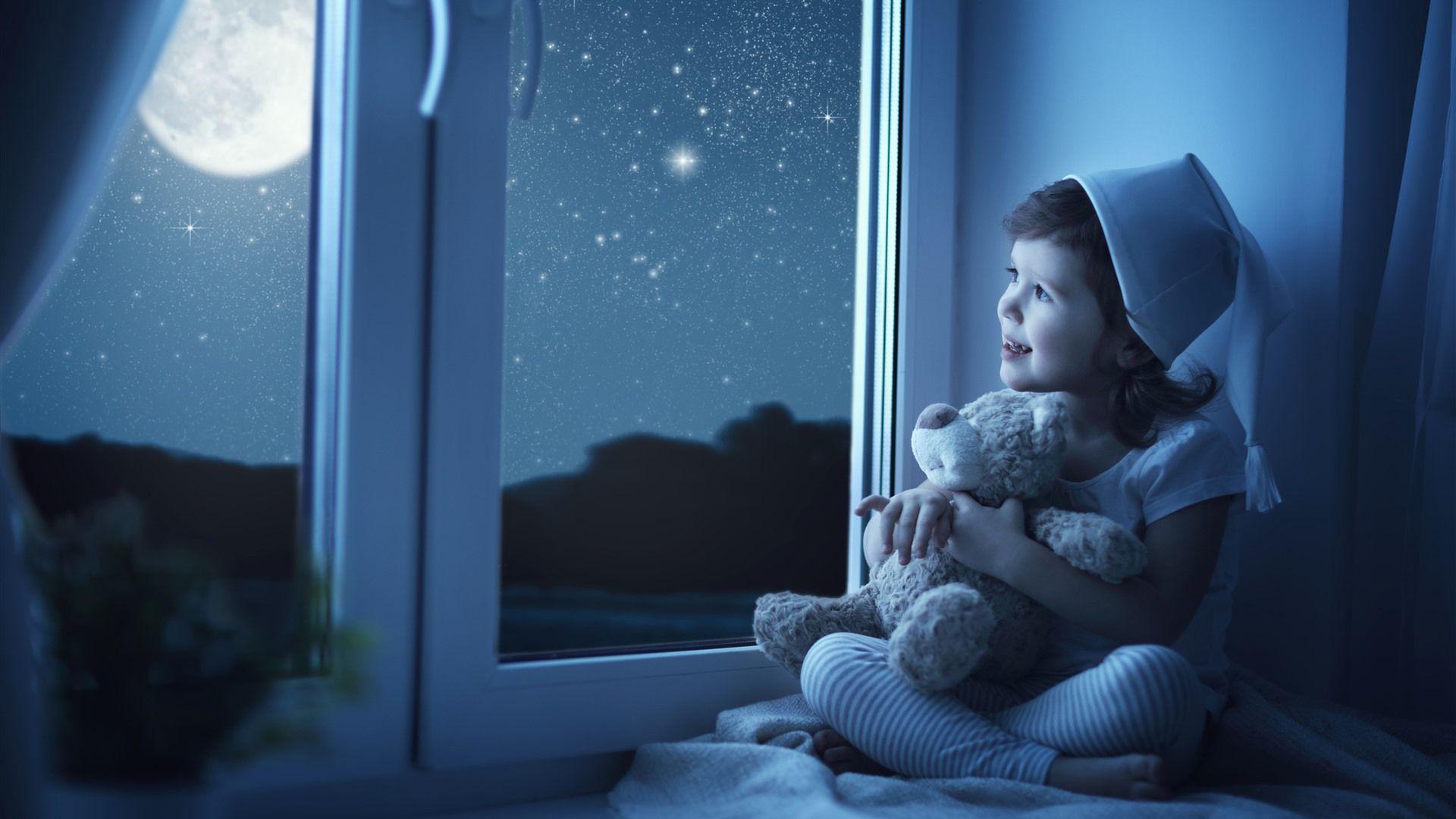 1920x1080 Cute Little Girl Look Out Window, Child, Moon, Stars 1242x2688 IPhone 11 Pro XS Max Wallpaper, Background, Picture, Image