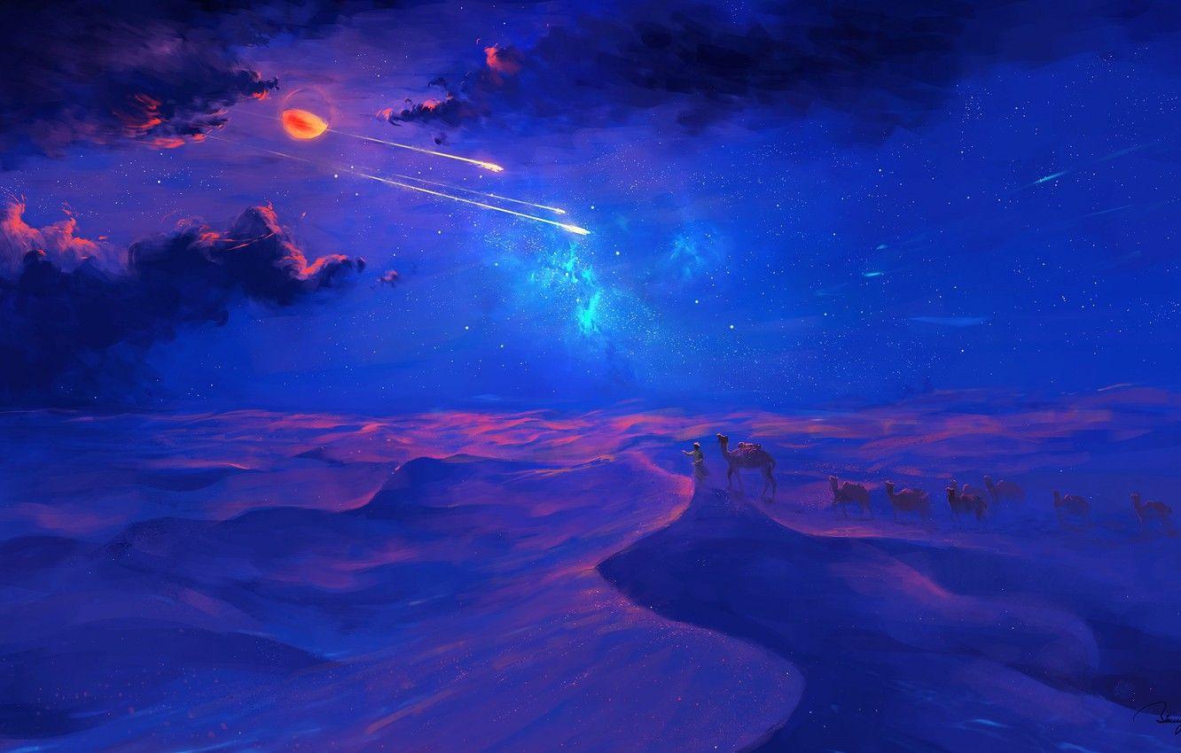1332x850 Wallpaper moon, sky, desert, eclipse, night, art, clouds, stars, artist, digital art, artwork, shooting stars, camels, BisBiswas image for desktop, section арт