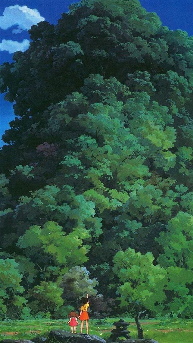750x1334 Studio Ghibli Tree Hình minh họa nghệ thuật xanh tình yêu Anime Hình nền iPhone 8 Tải xuống miễn phí