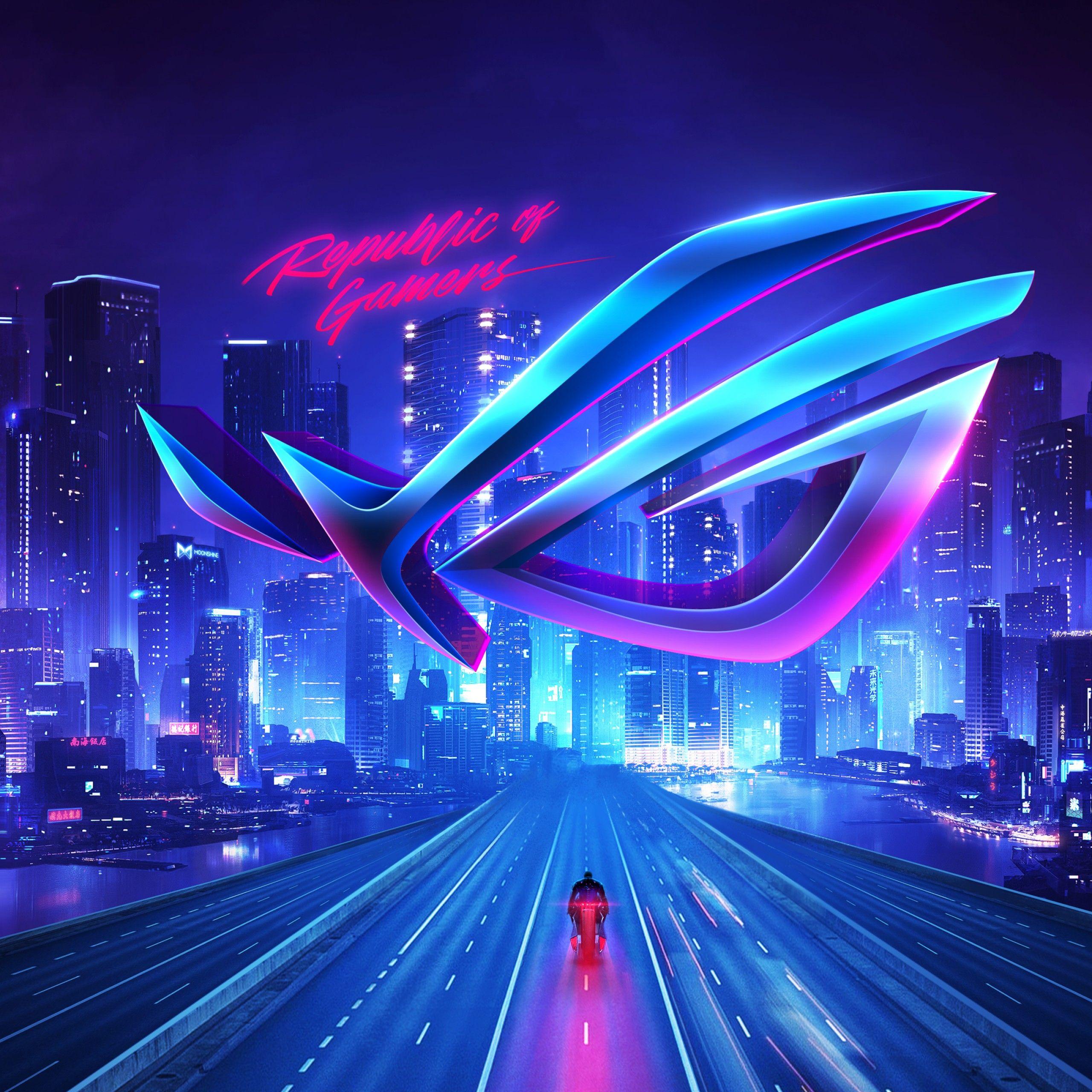 2560x2560 Republic of Gamers 4K Wallpaper, ASUS ROG, Cityscape, Neon, Technology