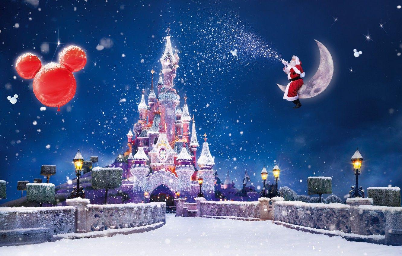 1332x850 Wallpaper snow, lights, castle, holiday, magic, the moon, Paris, Christmas, lights, New year, Disneyland, Santa Claus, garland, Disneyland Paris image for desktop, section новый год