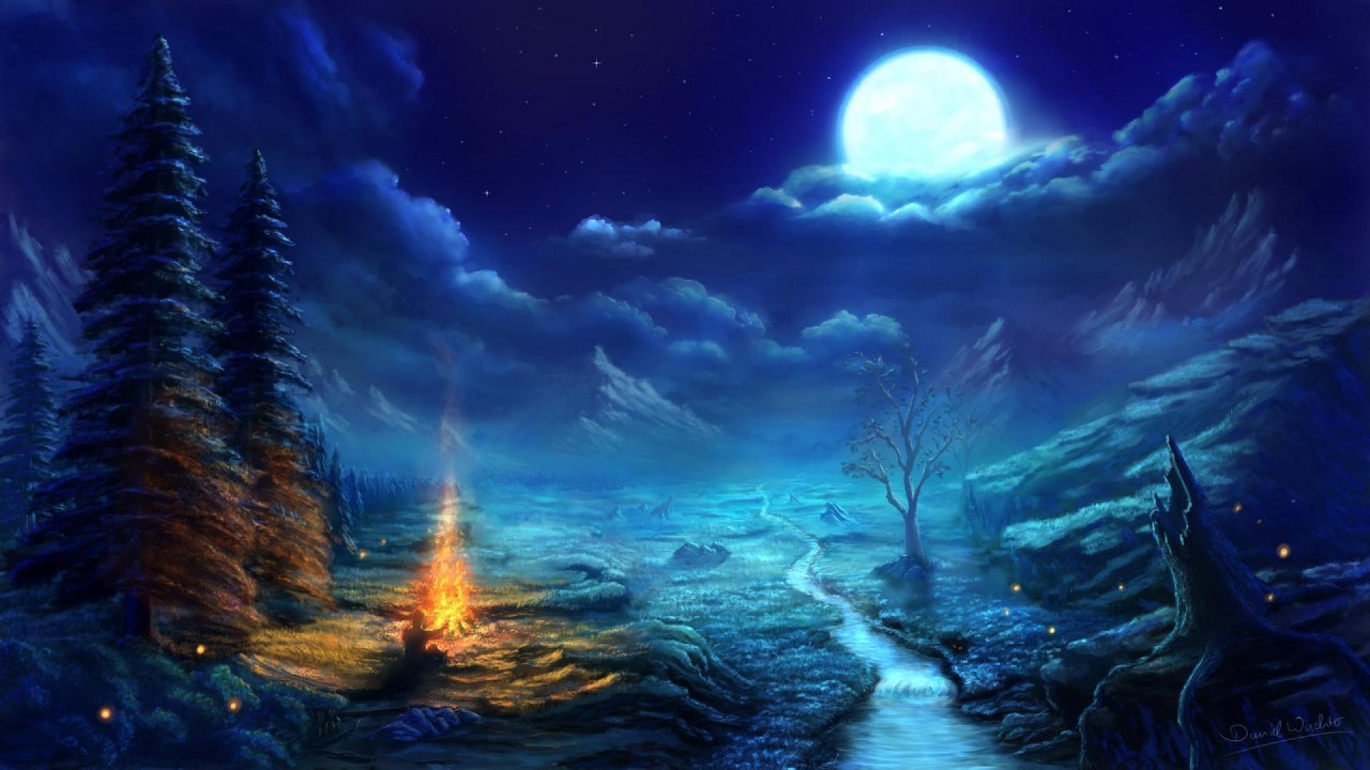 1920x1080 Clouds trees night stars moon campfire skies wallpaper