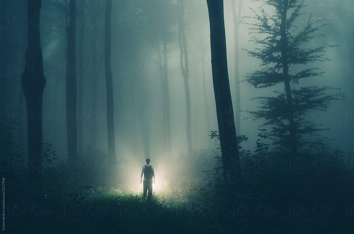 1200x794 Alien in dark mysterious forest with strange light by Cosma Andrei, Mysterious