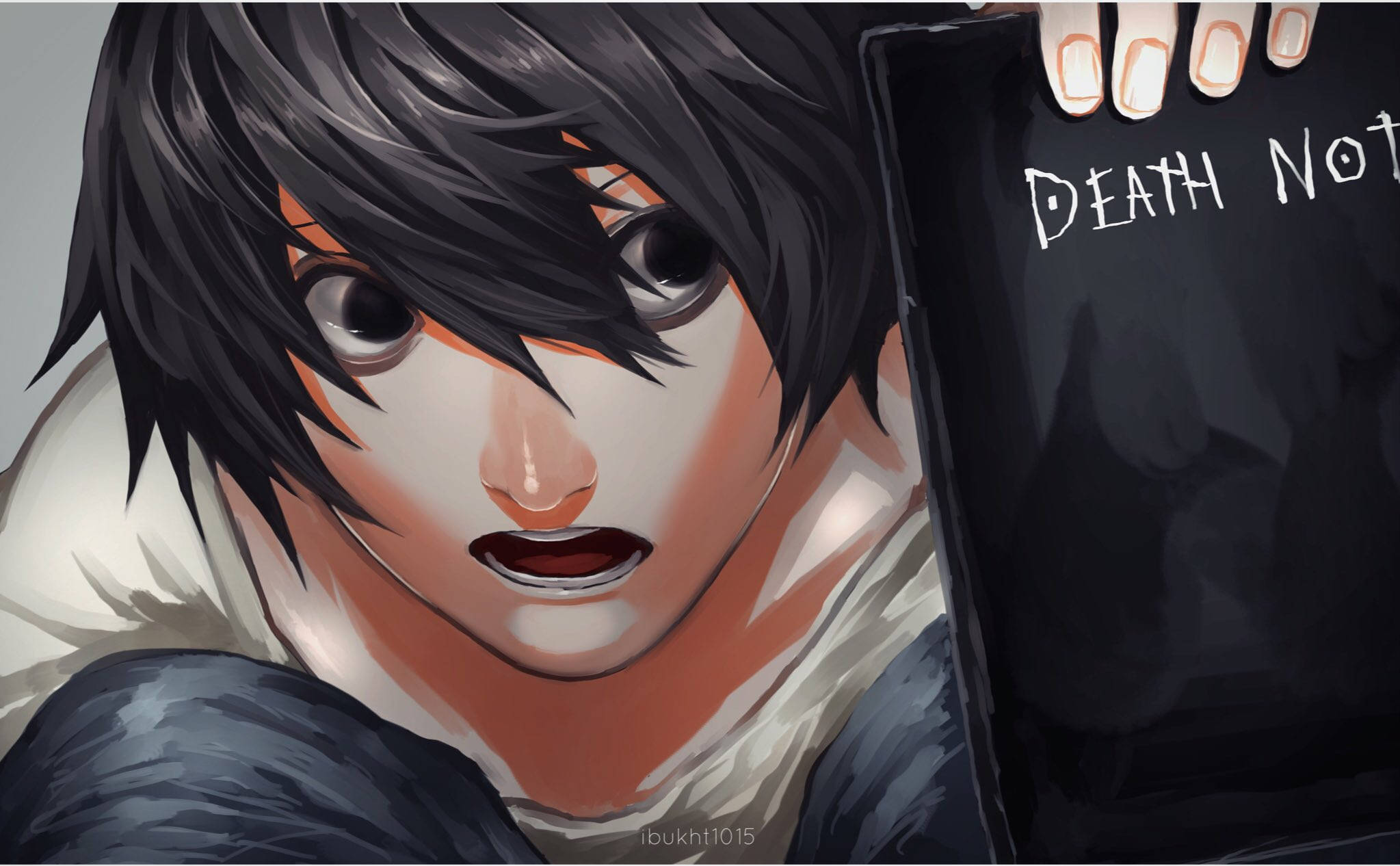 2047x1266 Download Surprised L Lawliet Holding Death Note Wallpaper